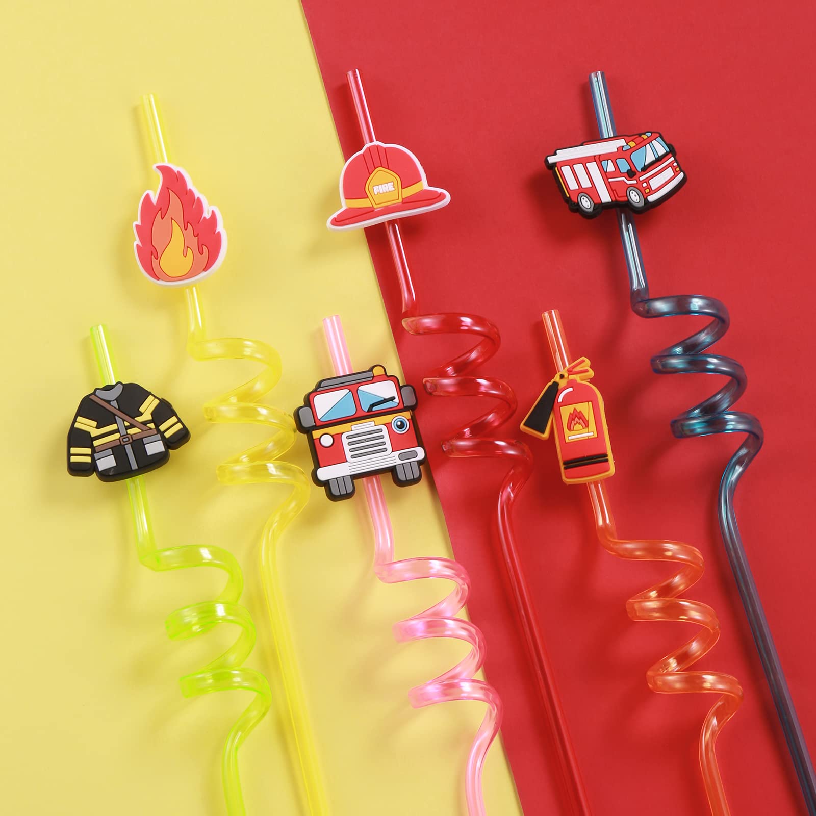 24 Fire Truck Party Favors Drinking Straws for Fire Truck Birthday Party Supplies with 2 PCS Straws Cleaning Brush