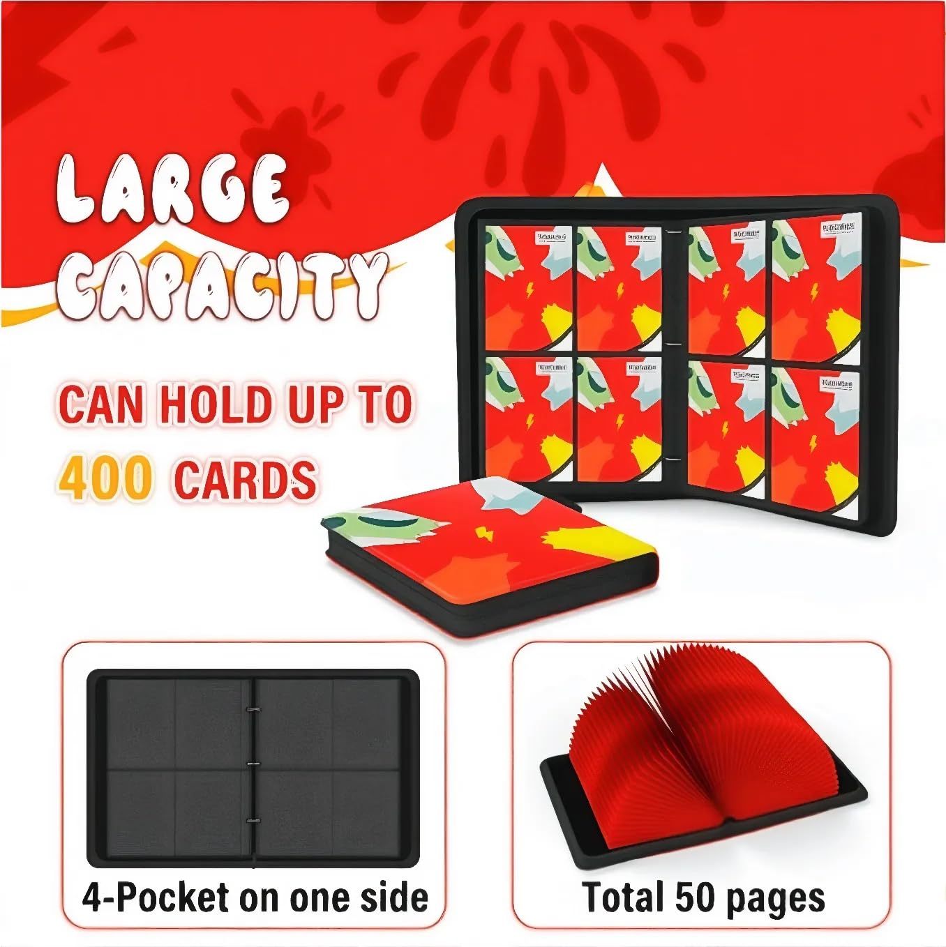 Trading Card Binder 4 Pocket,Card Binder 400 Pockets,Card Book Holder Cards with 50 Removable Sleeves,3-Ring Zip Design Collectible Trading Card