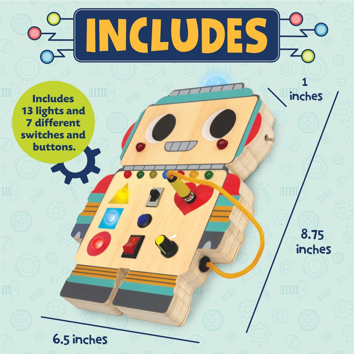 Peaceable Kingdom Blinkity Bot Light Up Busy Board for Toddlers Montessori Wooden Toy
