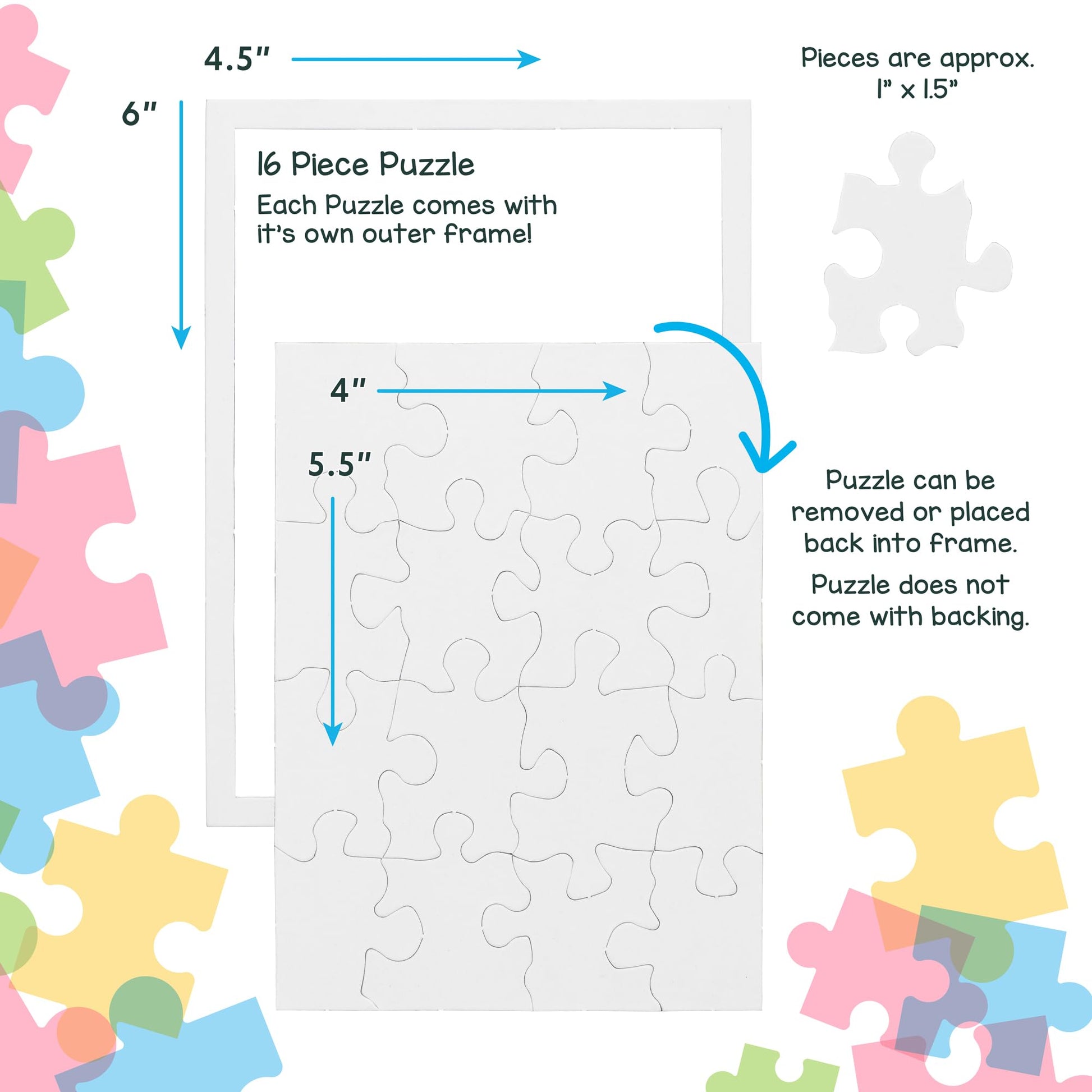 Hygloss 24 Blank Jigsaw Puzzles - 4 x 5.5 Inch, 16 Pieces Each - DYI party invites, Perfect for Decorating, Kids' Activities, Arts & Crafts or Party