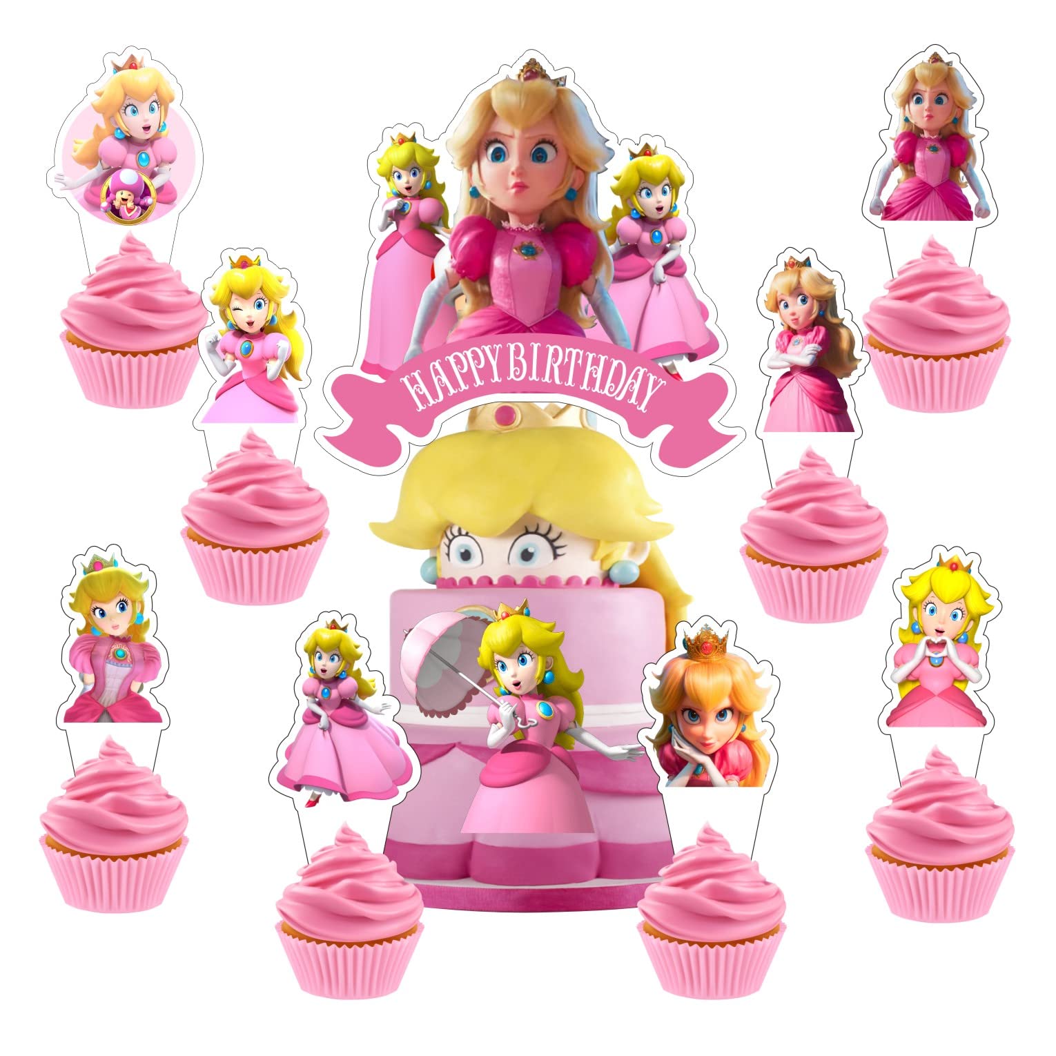 25Pcs Princess Peach Cake Decorations with 24pcs Cupcake Toppers, 1pcs Cake Topper for Kids Birthday Party Supplies