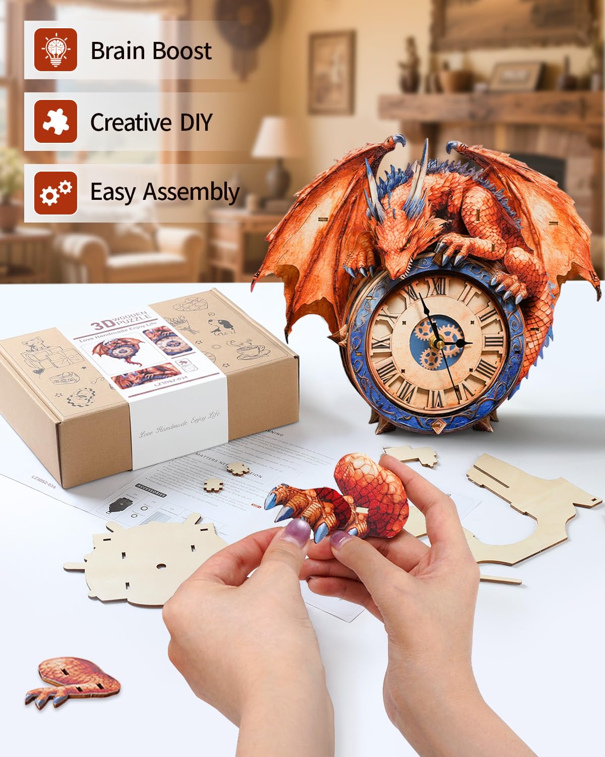 Rnfinewow 3D Puzzles for Adults, 3D Puzzle Fiery Dragon Clock Kit (with Pendulum), Wooden Puzzles for Adults Home Decor DIY Clock Crafts for Adult