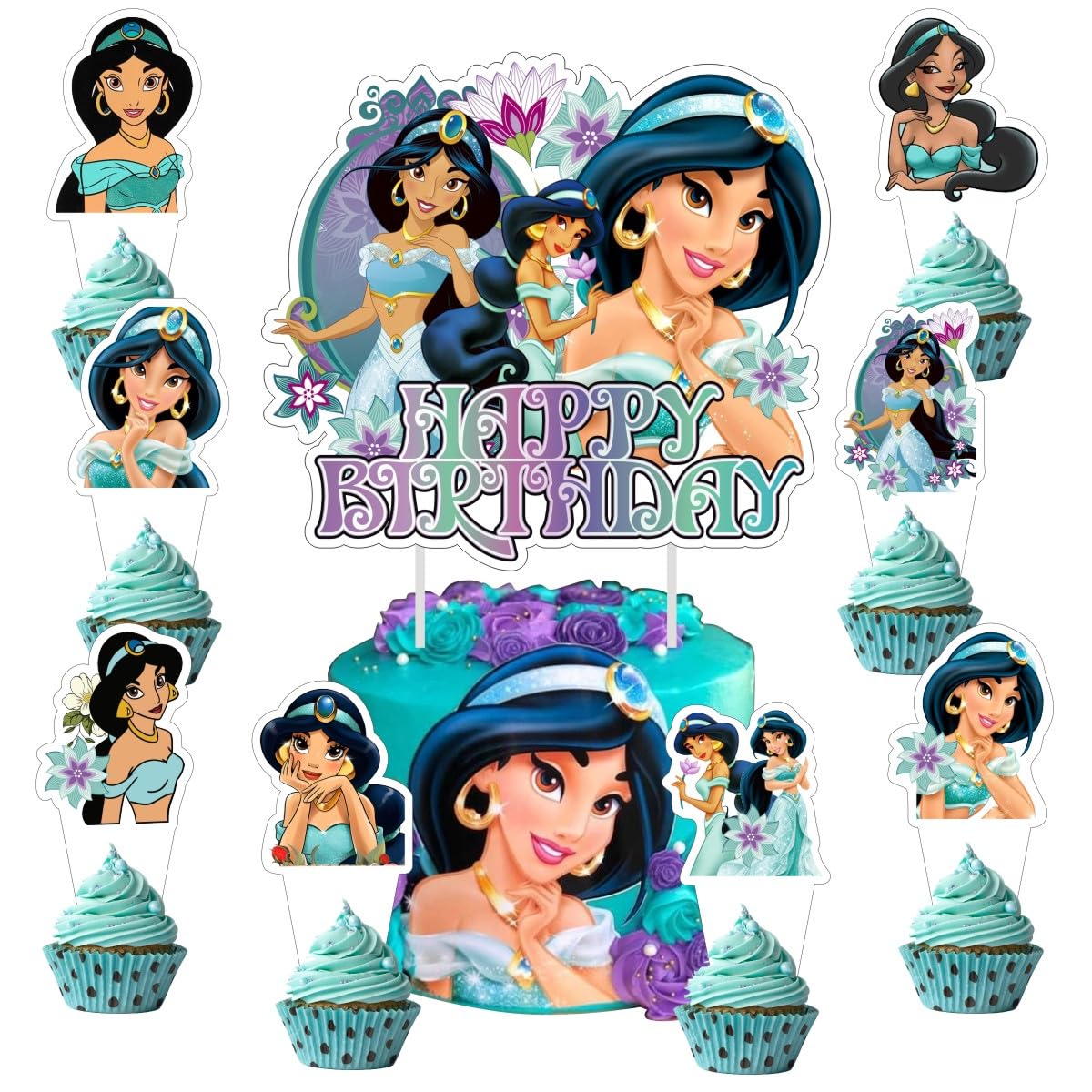 25Pcs Princess Jasmine Cake Decorations with 24pcs Cupcake Toppers 1pcs Cake Topper for Girls Birthday Party Supplies