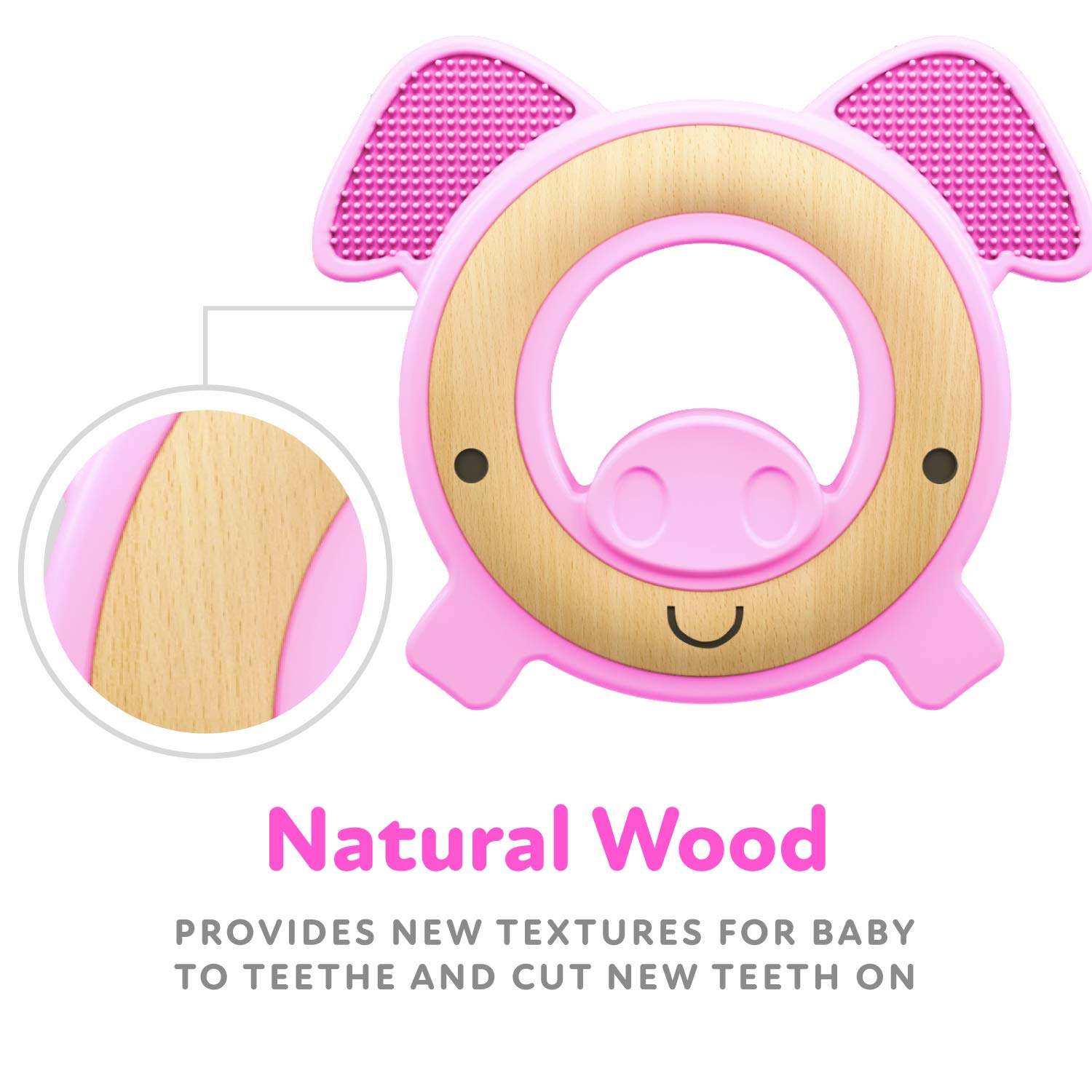 Nuby Natural Wood & Silicone Teether: Pig, 3M+, Pink