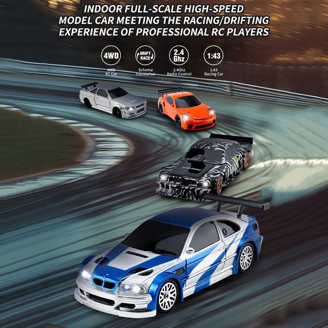 YounggDiy 1/43 Mini Gyro RC Drift Car, 2.4G 4WD Full-Proportion RC Electric 15KM/H Racing Drift Car Model with Gyro, Indoor Mini RC Toys Gift (RTR