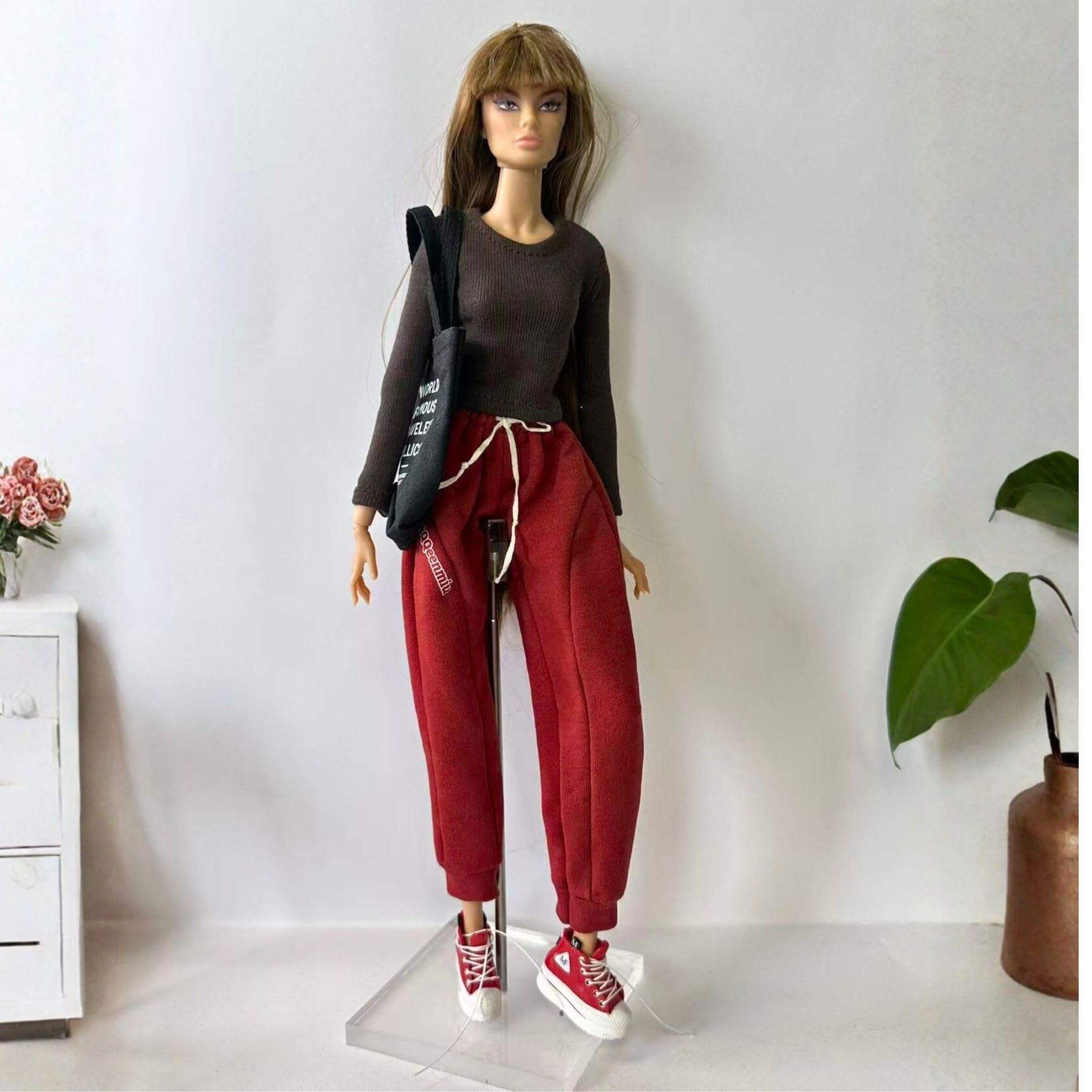 Doll Clothes Outfit Set for 11.5-12 Inch Fashion Dolls, Brown Raglan Top with red Jogger Pants and Sneakers (red Set)
