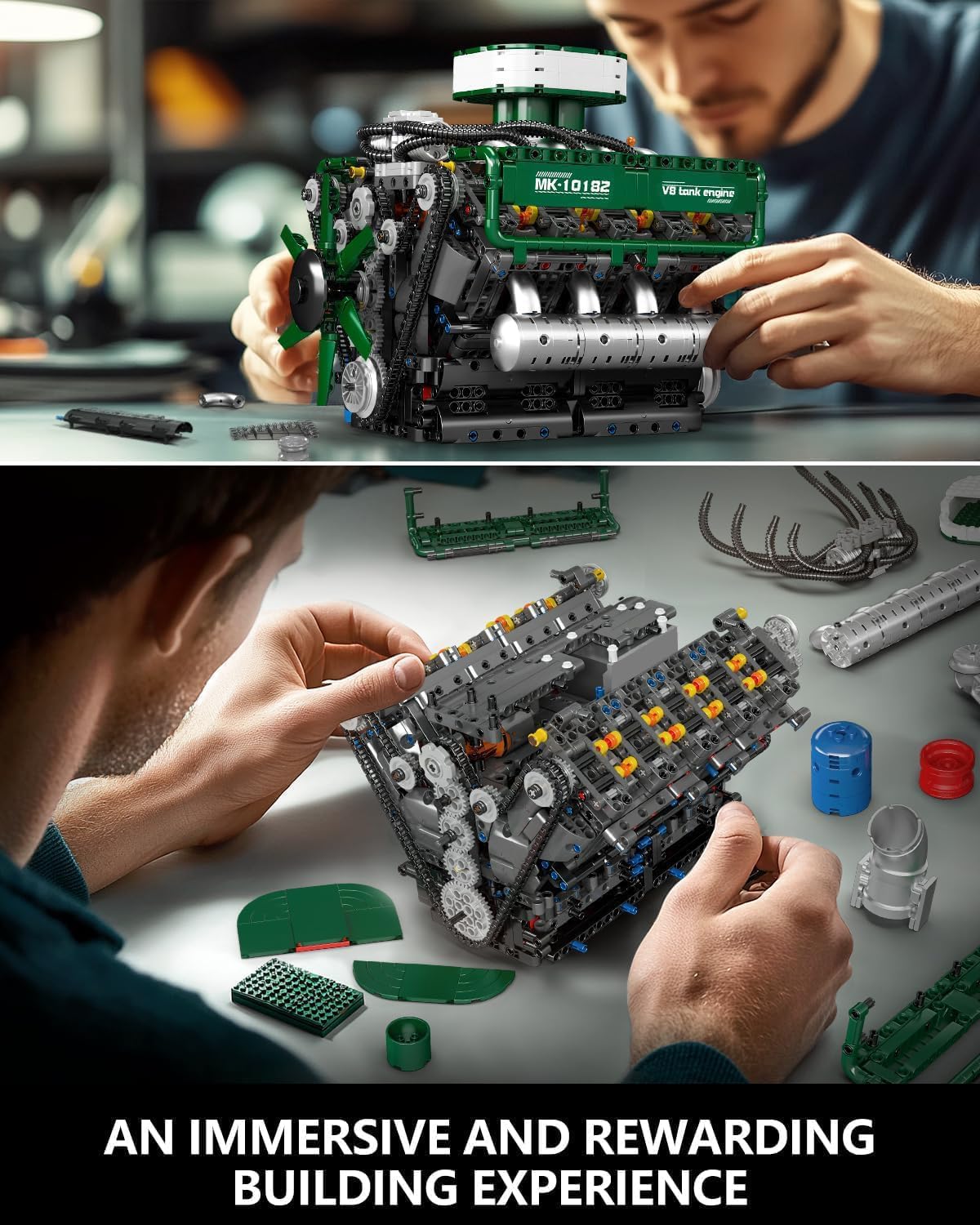 Mould King 10182 V8 Engine Building Blocks Sets, MOC V8 Tank Engine Model Kit with Battery and Motor, Collectable 8-Cylinder Combustion Car Engine