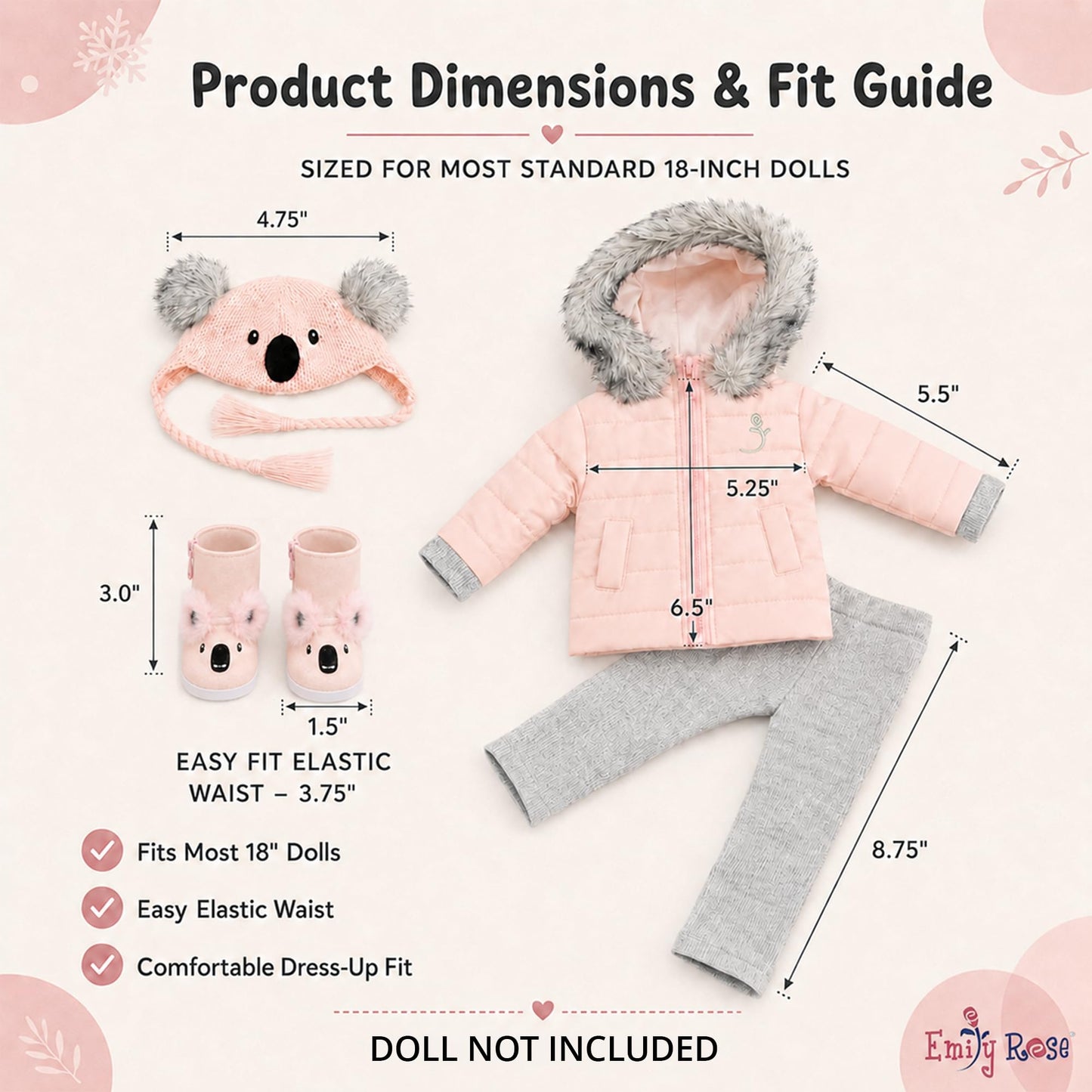 18 Inch Doll Winter Clothes Set - 4PC Koala Snow Jacket Coat Outfit with Matching Hat & Boots Compatible with American Girl, Our Generation, My Life