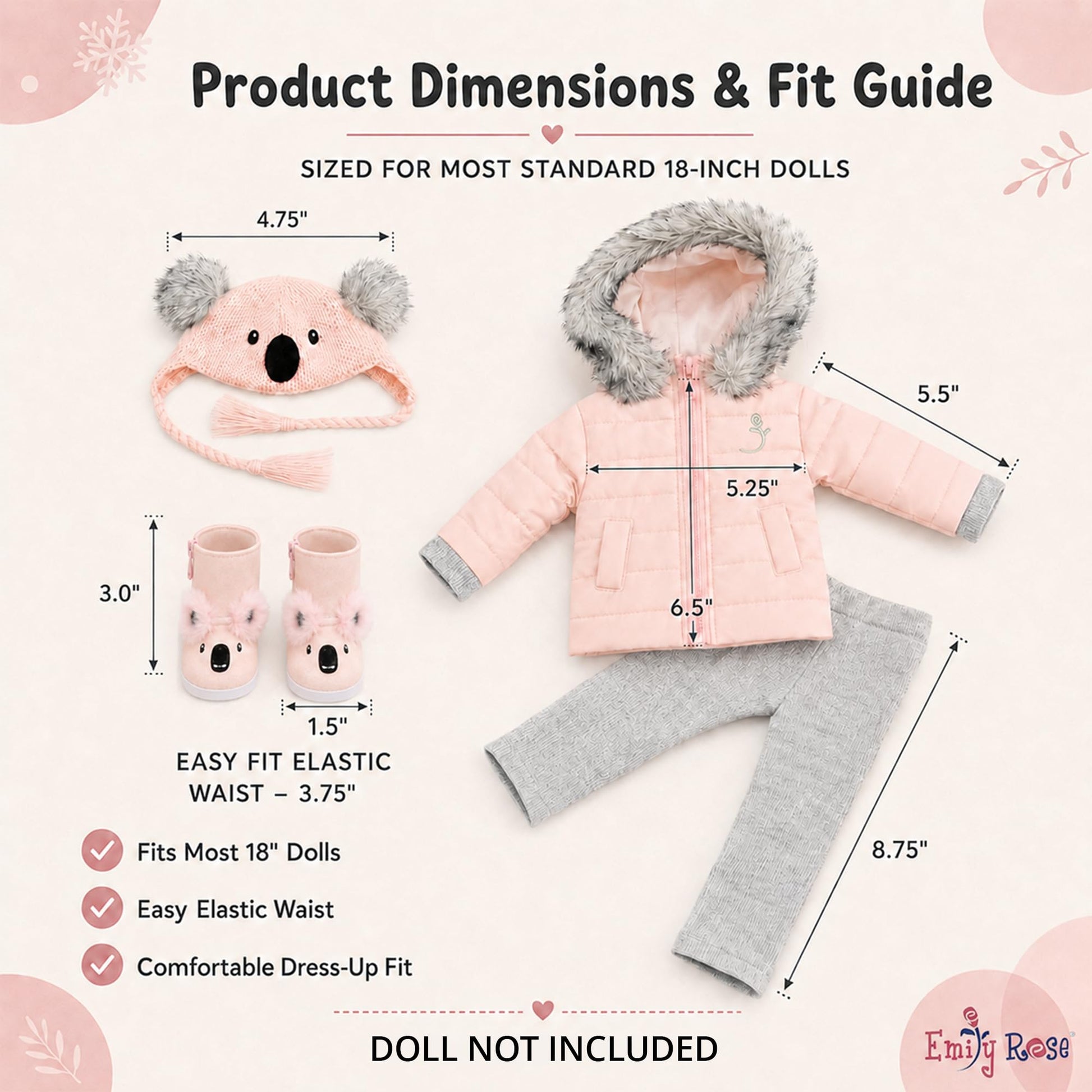 18 Inch Doll Winter Clothes Set - 4PC Koala Snow Jacket Coat Outfit with Matching Hat & Boots Compatible with American Girl, Our Generation, My Life