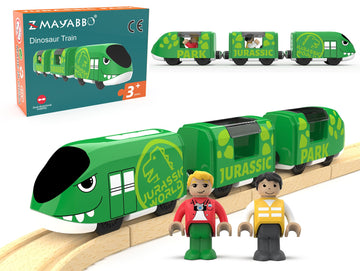 Battery Operated Bullet Train with Opening Carriages & 2 Action Figures, Jurassic Dinosaur Train for Wooden Track, Lights & Sounds, Compatible