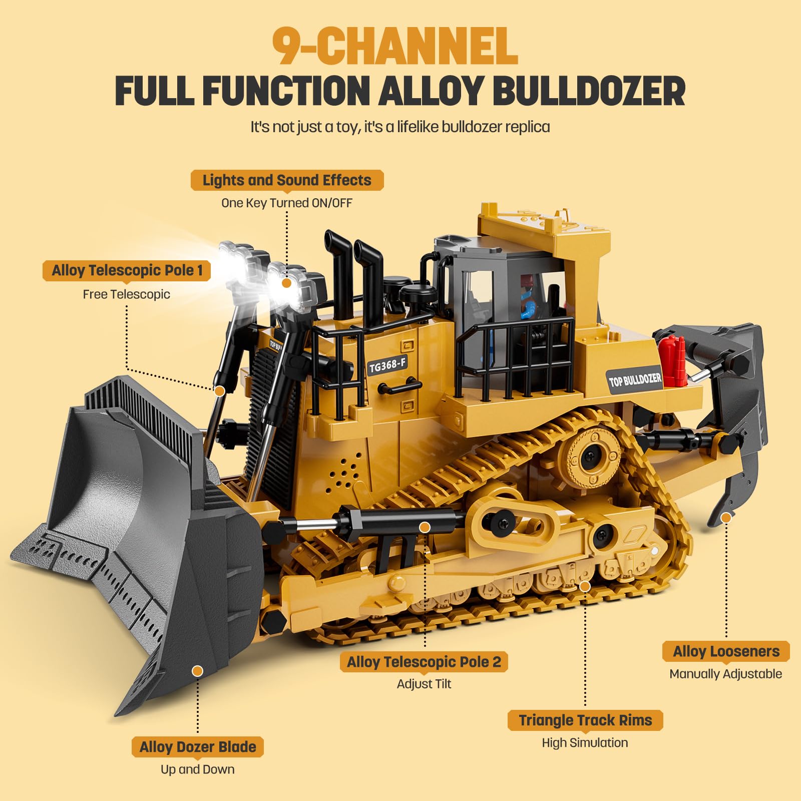 KIDMARKT Remote Control Bulldozer Toys for Boys, Remote Control Bulldozer with Metal Dozer Blade, Toys for Boys 3-5 4-7 8-12 Year Old Kids Christmas