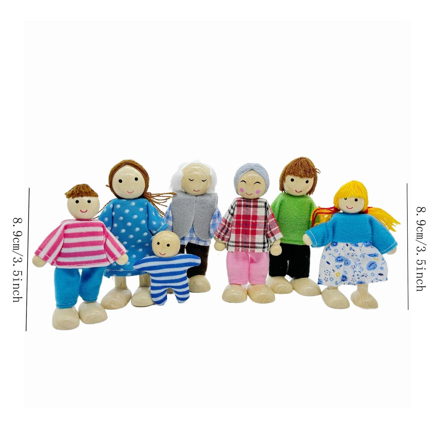 HYSTYLE 7 Pack Wooden Dollhouse Family Dolls Pretend Play Figures, Family Role Play Pretend Play People Figures
