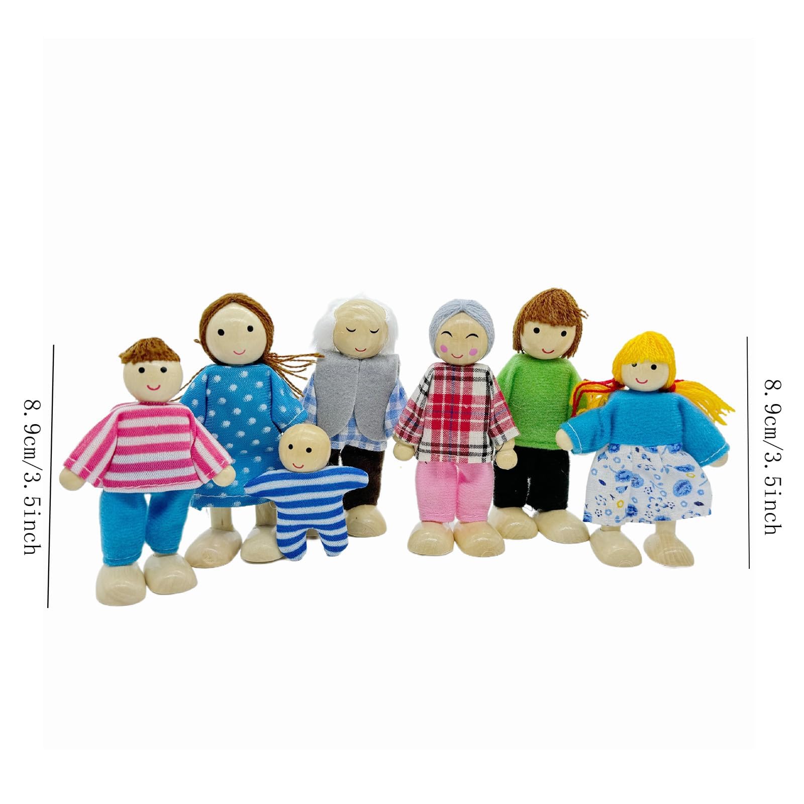 HYSTYLE 7 Pack Wooden Dollhouse Family Dolls Pretend Play Figures, Family Role Play Pretend Play People Figures