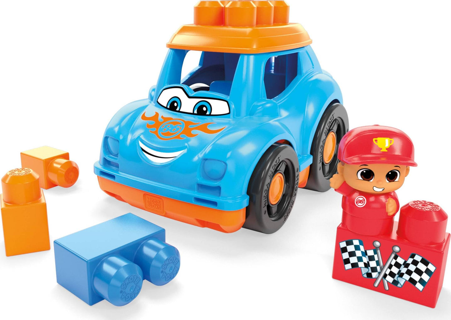 Mega Bloks First Builders Toddler Building Blocks Toy Set, Ricky Race Car with 6 Pieces and Storage, 1 Figure, Blue, Ages 1+ Years