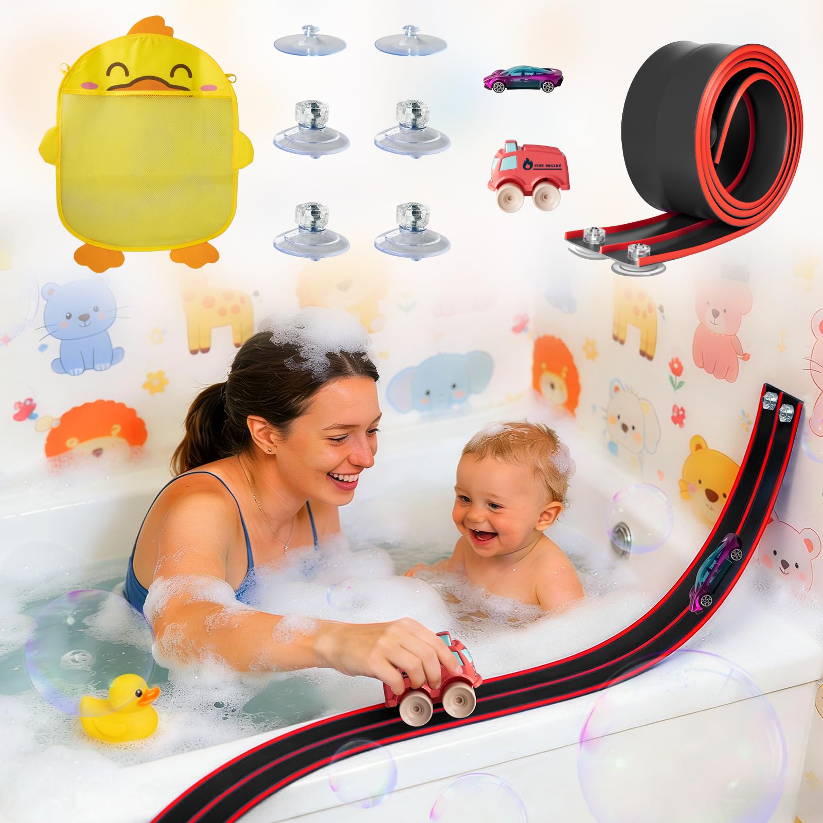 Race Car Bath Toy Set, Toddler Bath Toys, Flex Race Track Car Set, Kids Bathtub Gift, Including Mesh Storage Bag - Suction Cup, for Ages 3 & Up