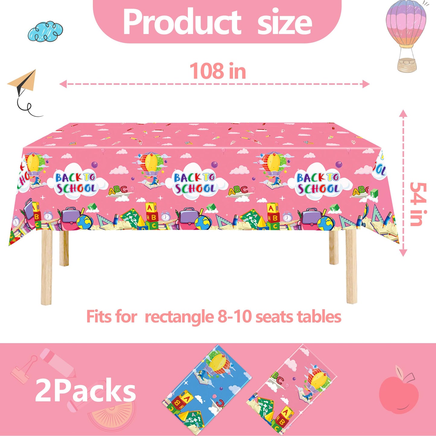 EUVBOKW 2 Pack Back to School Tablecloths, Pink and Blue