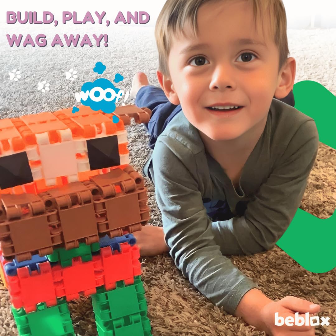 Beblox Building Blocks for Kids - Dog Set - 128-Piece Connecting Tiles - Interlocking Building Blocks for Kids, STEM Toys Kit, Fun & Educational