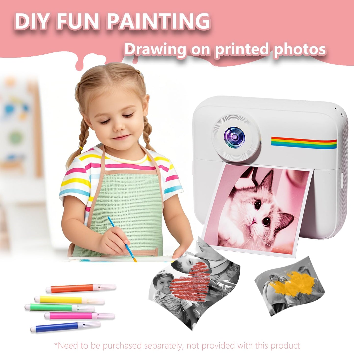 Kids Camera Instant Print with Color Printing Paper and Protective Case 32GB Card, Front Rear Dual Selfie Kids Camera with 1080P Videos, Christmas