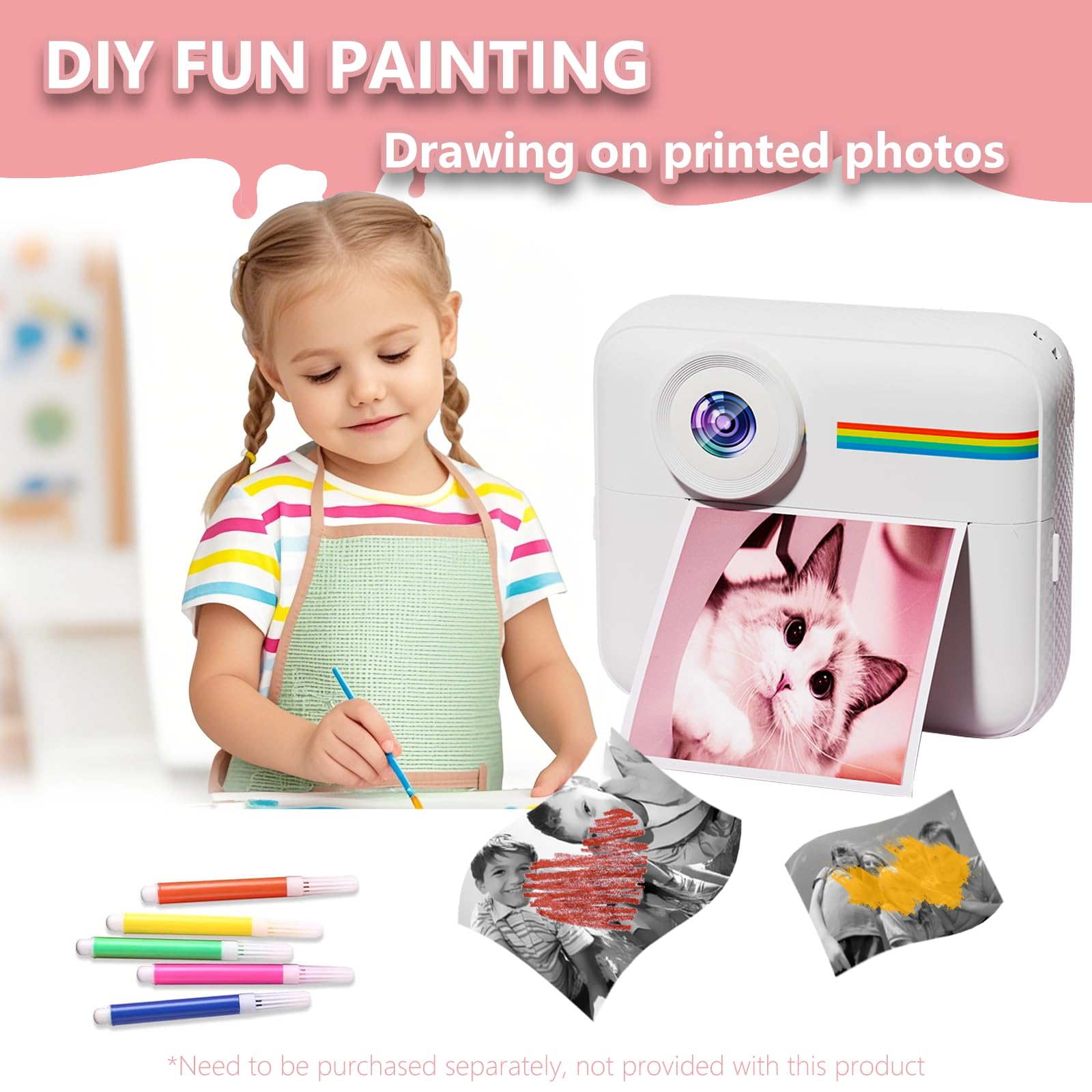 Kids Camera Instant Print with Color Printing Paper and Protective Case 32GB Card, Front Rear Dual Selfie Kids Camera with 1080P Videos, Christmas