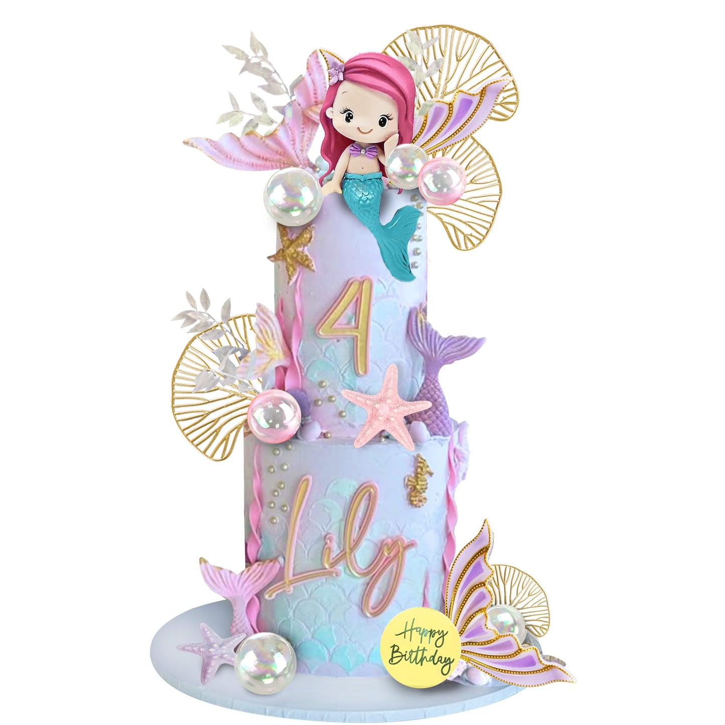 Mermaid Cake Toppers with Mermaid Shells Fishtails Balls Ginkgo Leaf for Birthday