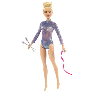 Barbie Rhythmic Gymnast Blonde Doll (12-in/30.40-cm) with Colorful Metallic Leotard, 2 Clubs & Ribbon Accessory, for Ages 3 Years Old & Up