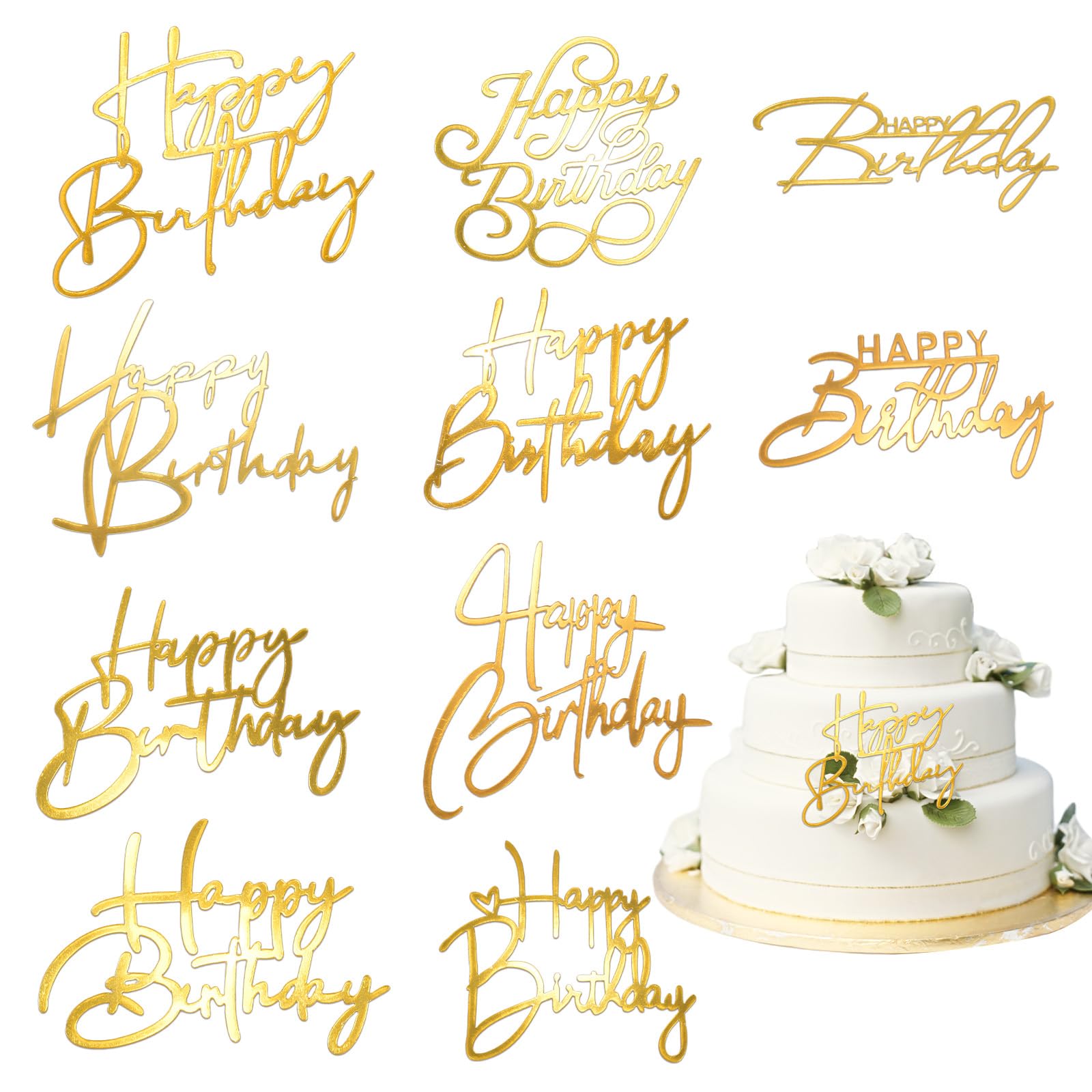 10PCS Gold Happy Birthday Cake Toppers Mirror Acrylic Cake Toppers, Gold Acrylic Birthday Cupcake Toppers for DIY Cake Decor Cake Tools Birthday Party