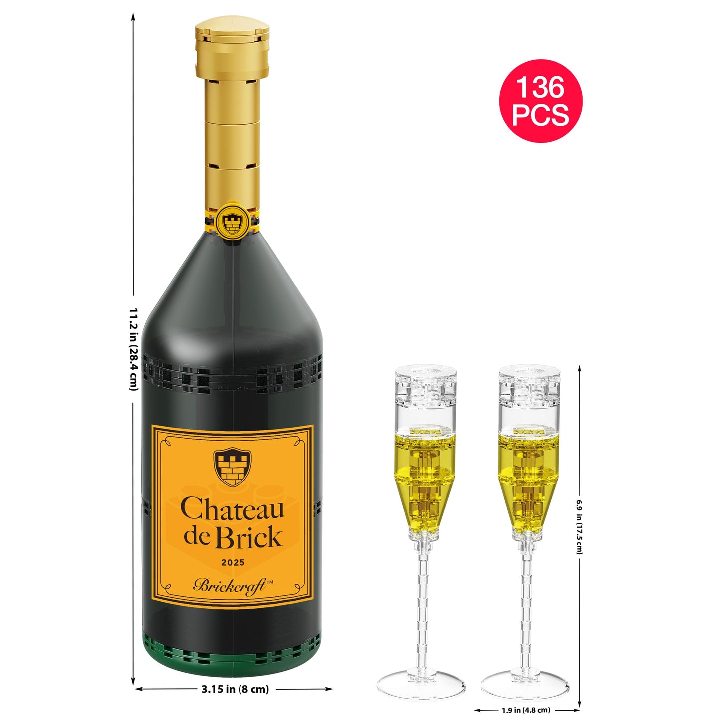 Brickcraft Champagne Bottle and Glasses Building Set,136 Piece Collectible Block Kit, 11 Inch Tall Display Bottle with Two Flutes Romantic Valentines
