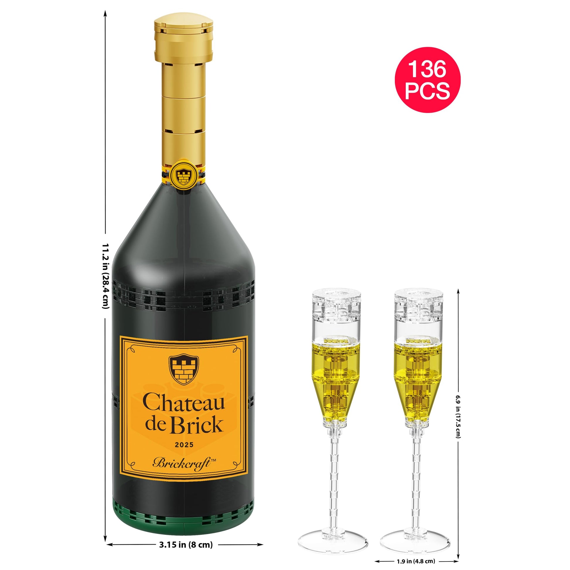 Brickcraft Champagne Bottle and Glasses Building Set,136 Piece Collectible Block Kit, 11 Inch Tall Display Bottle with Two Flutes Romantic Valentines
