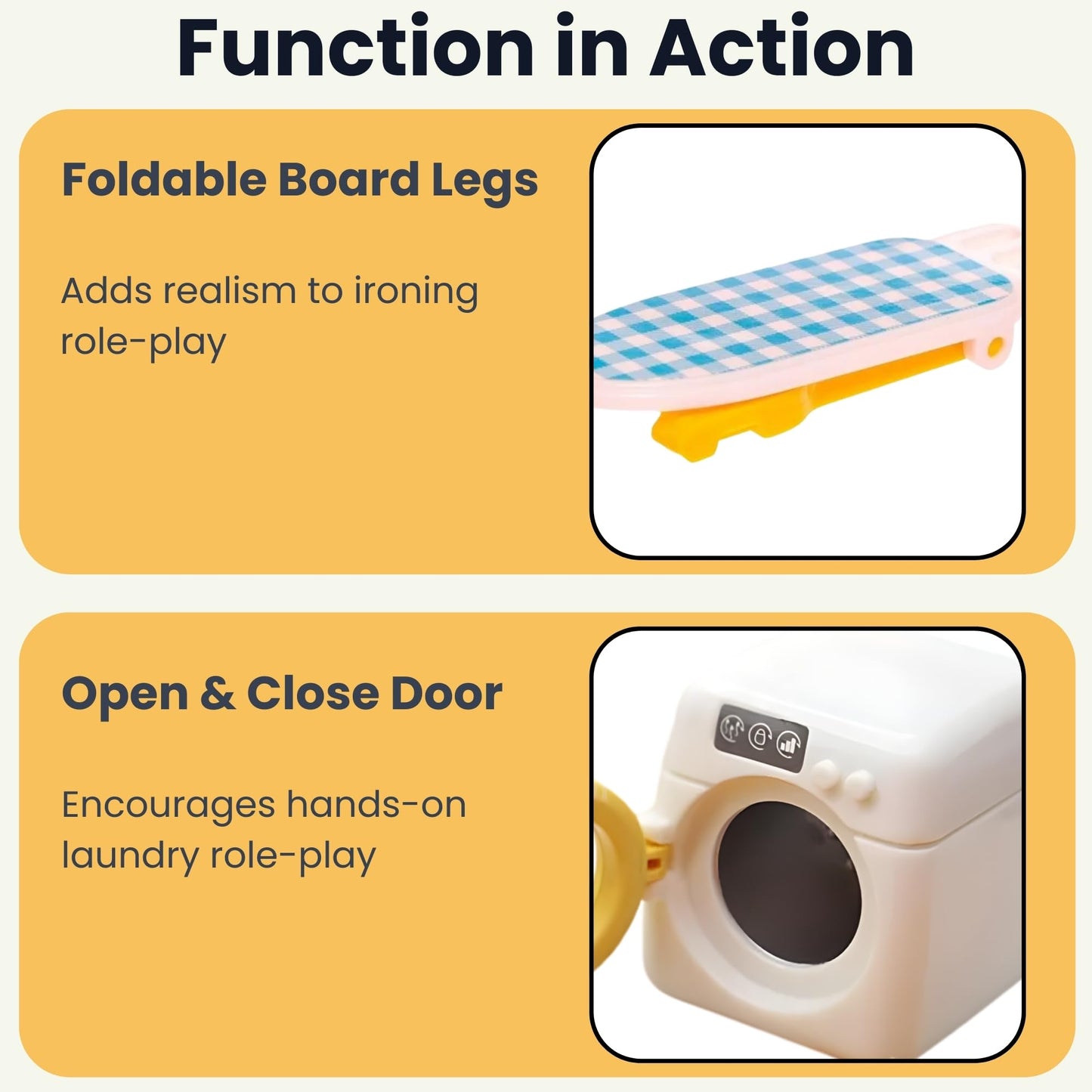 OLEOCA Family Dollhouse Laundry Set - Washing Machine, Ironing Board & Iron, Vacuum, Storage Stand & Rolling Cart - Dollhouse Furniture & Accessories