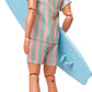 Barbie The Movie Ken Doll Wearing Pastel Pink and Green Striped Beach Matching Set with Surfboard and White Sneakers