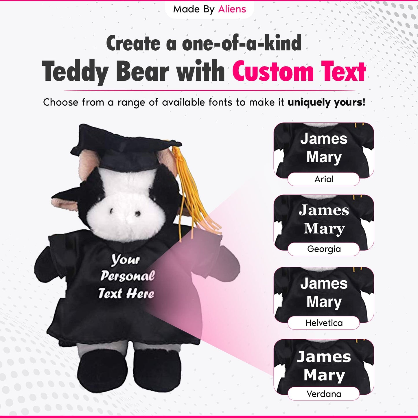 Made By Aliens Plush Stuffed Animal Toys 8 Inches Present Gifts for Graduation Day, Personalized Text, Name or Your School Logo on Gown, Best for Any
