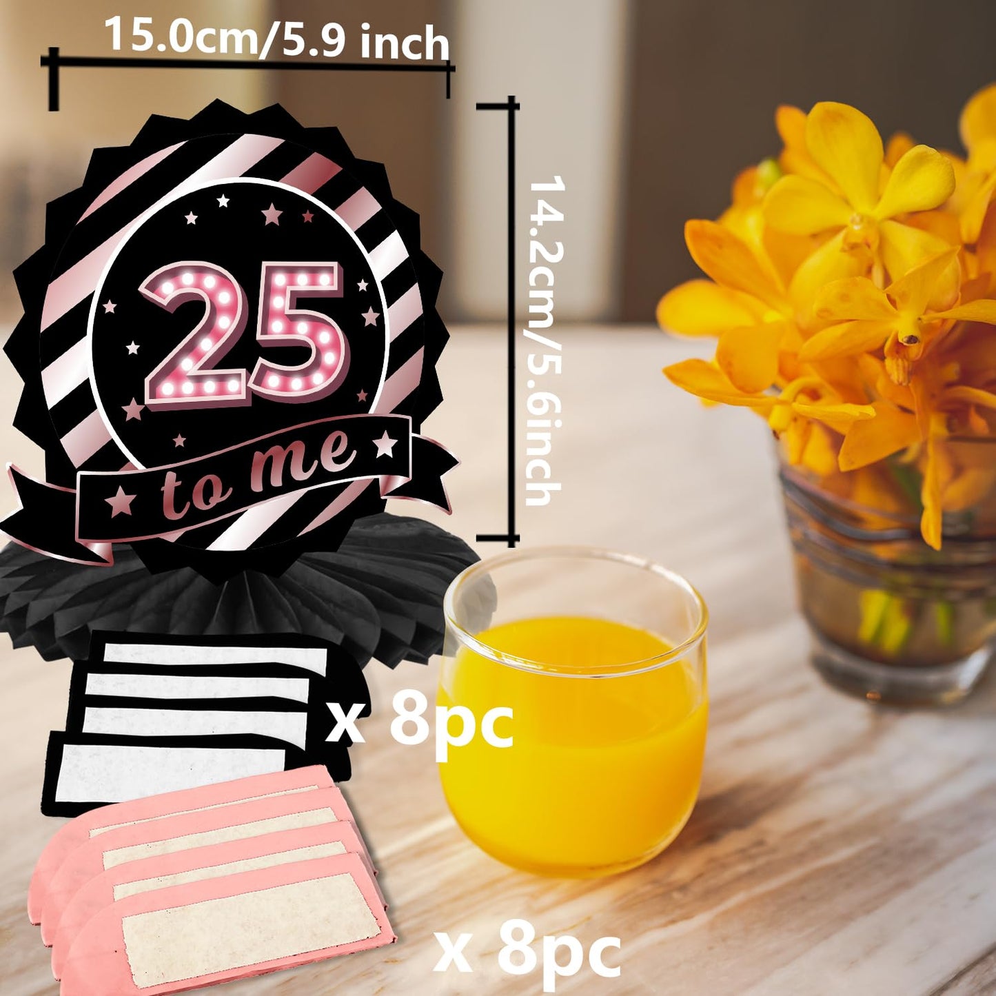 Happy 25th Birthday Rose Gold and Black Table Honeycomb Centerpieces Balloons Theme Decor Table Decorations Table Toppers for Girls Women Princess 25