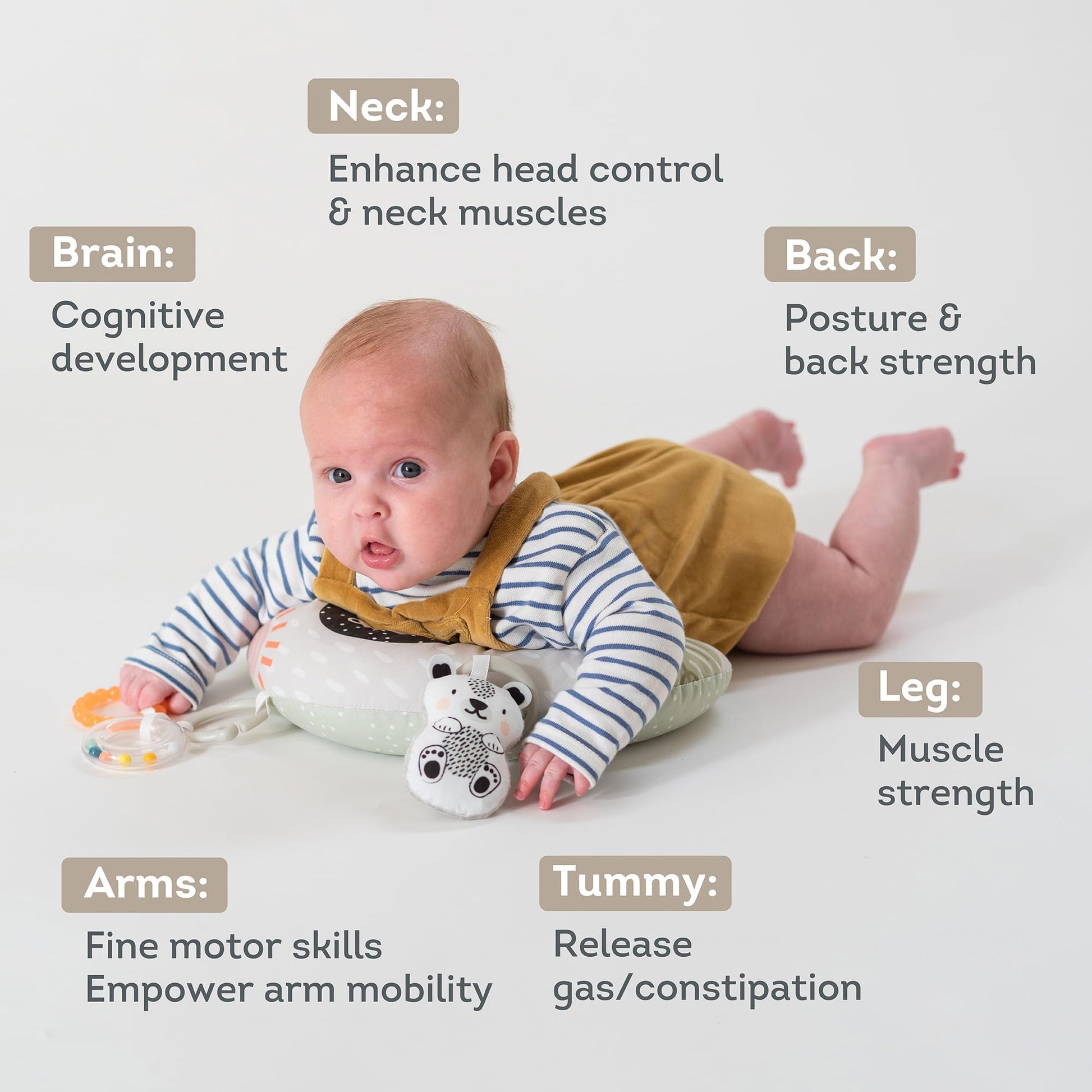 Taf Toys Ergonomic Tummy Time Support Toy with Teether and Rattle - Soft and Supportive Baby Toy for Enhanced Motor Skills Development