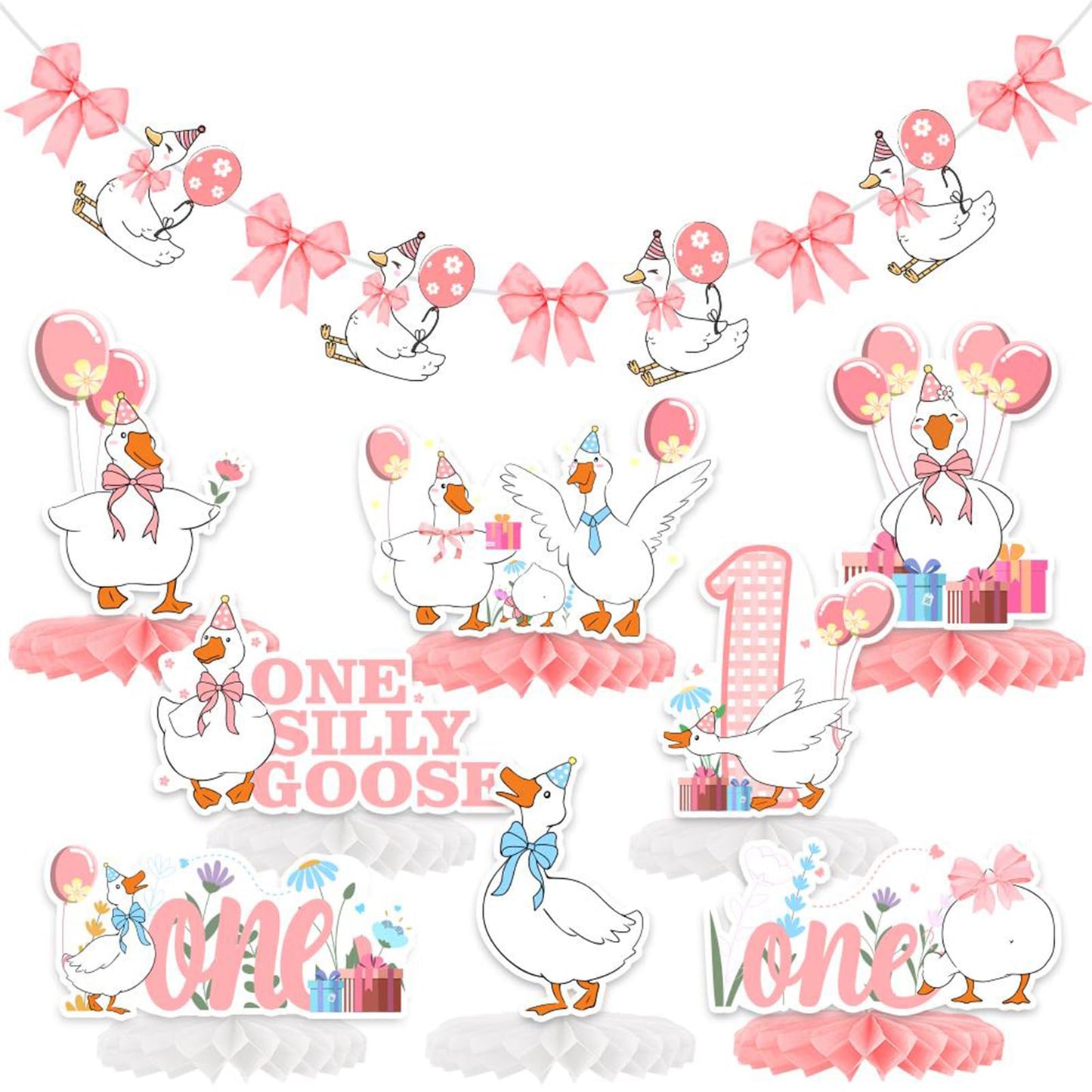 Smefutong One Silly Goose 1st Birthday Decor Girls Boys 8Pcs Honeycomb Centerpieces With 1 Pc Banner,Baby Shower Party Favors & Supplies (Pink)