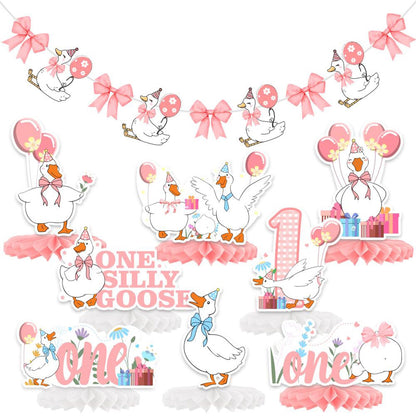 Smefutong One Silly Goose 1st Birthday Decor Girls Boys 8Pcs Honeycomb Centerpieces With 1 Pc Banner,Baby Shower Party Favors & Supplies (Pink)