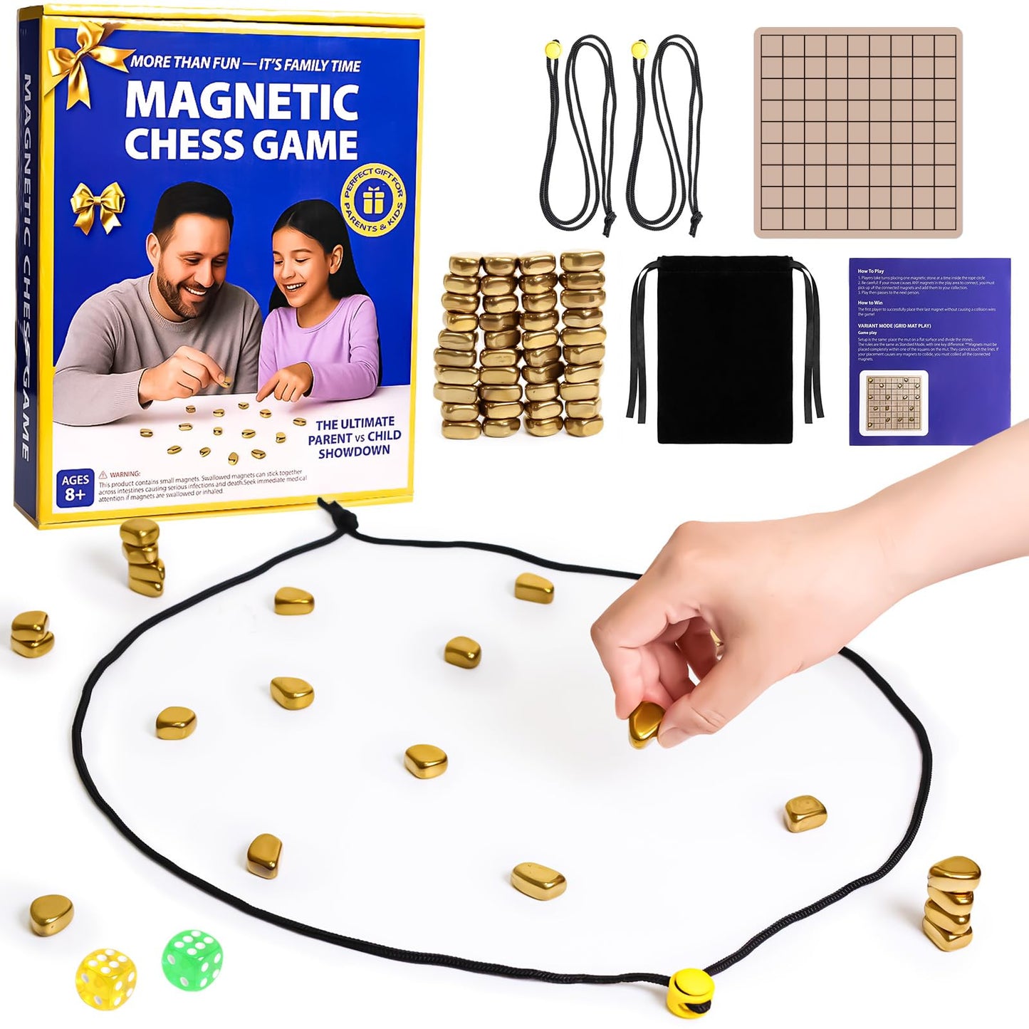 Magnetic Chess Game with Stones, Magnet Chess Game with String, 40 Magnetic Rocks, Mat, Dice and Storage Bag, Fun Magnetic Stones Game for Adults