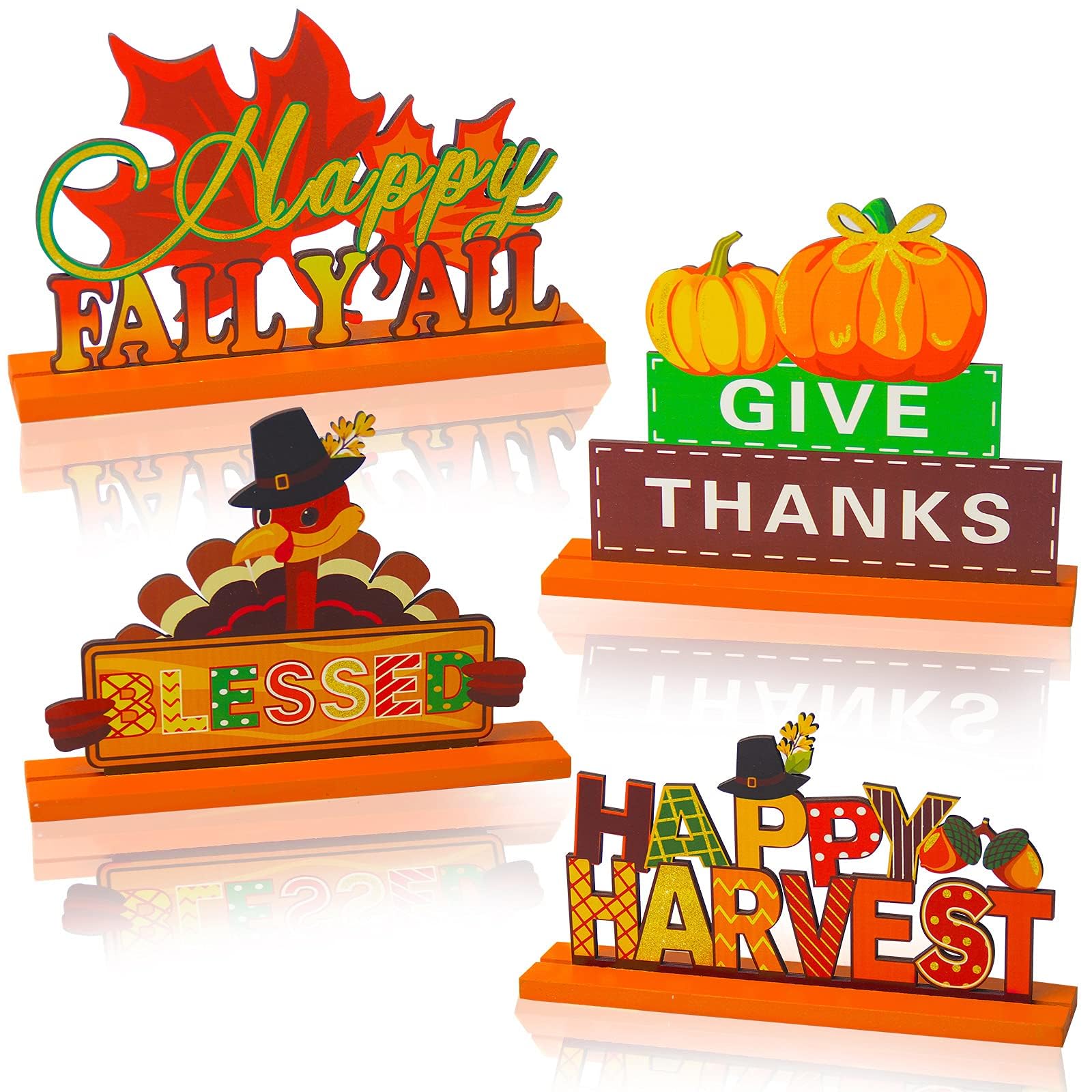 4 Pieces Thanksgiving Party Decorations Wooden Happy Fall Y'all Party Supplies Thanksgiving Centerpieces Autumn Table Decorations for Home Holiday