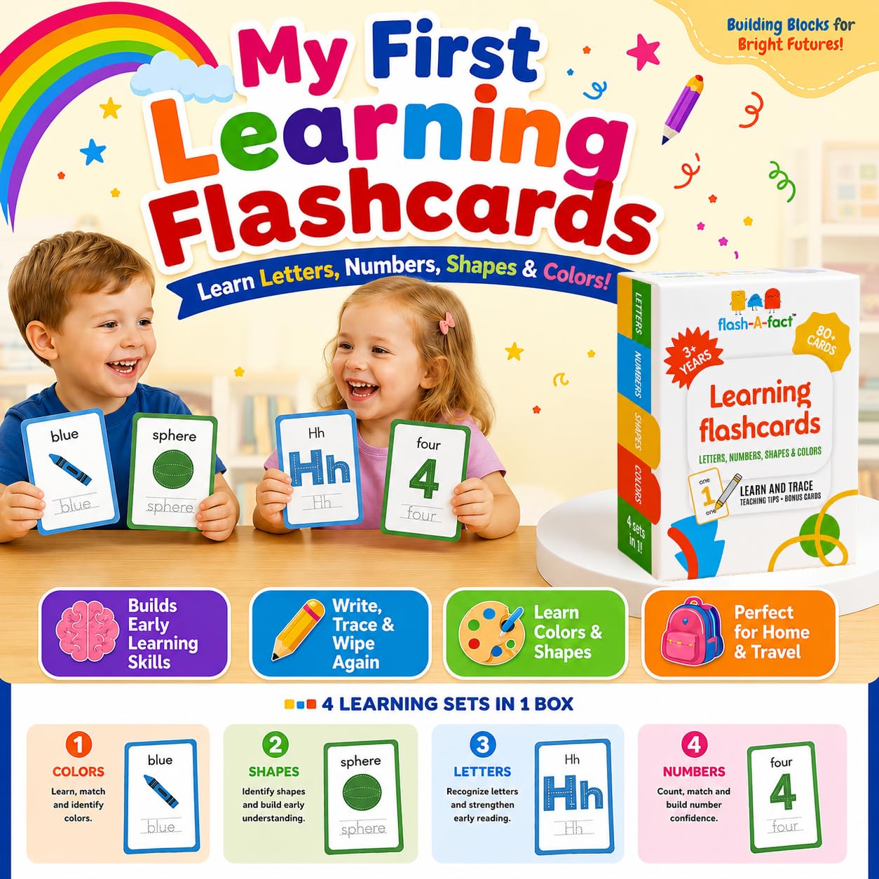 Flash a Fact 80+ Flash Cards for Toddlers 3 Years & Up | Preschool Learning Flashcards for Kids with Wipeable Marker, Water-Resistant Tracing Cards