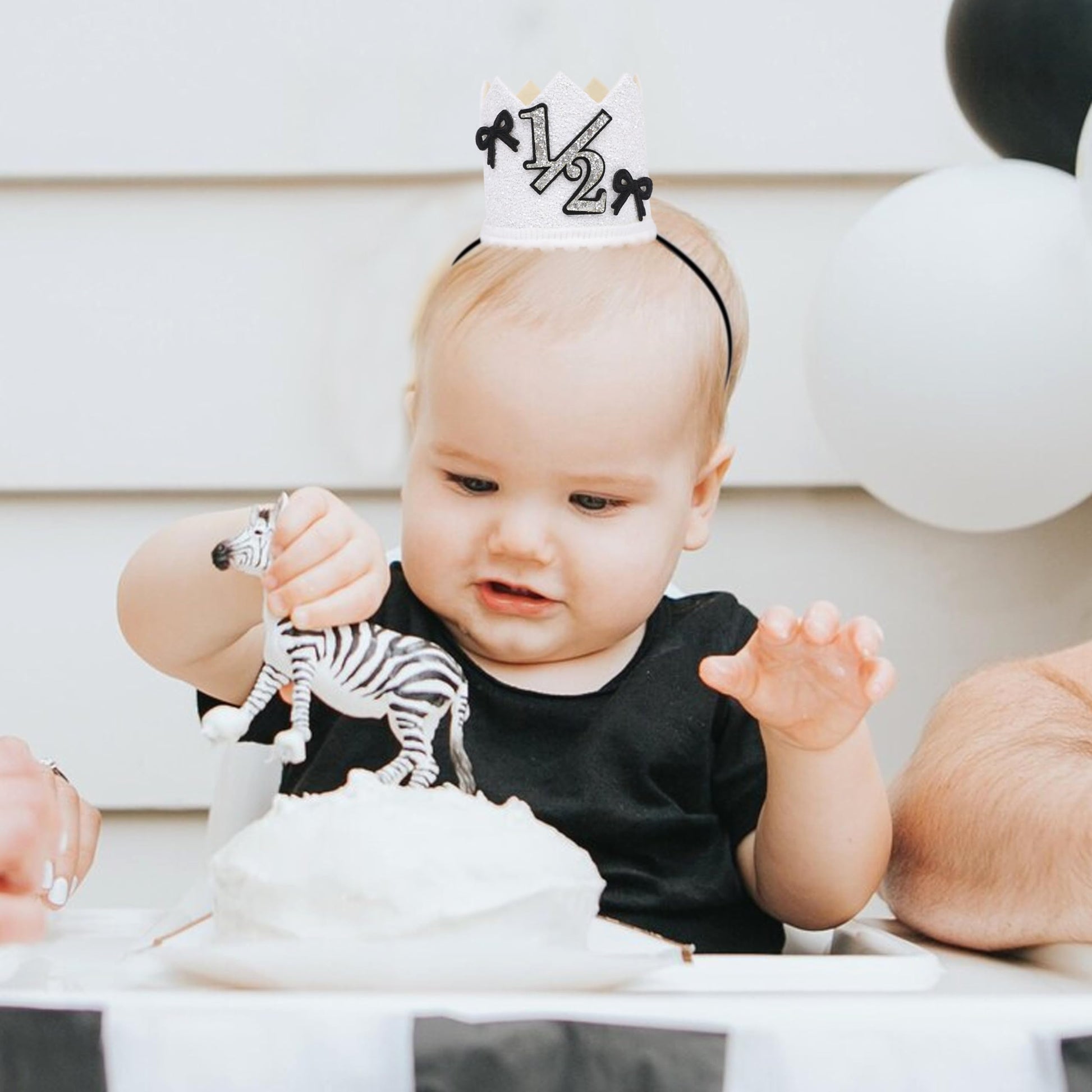 YOUAME Black Bow Half Birthday Crown- Girls Bow Cake Smash Photo Props, Silver And Black Half Way To One Party Crown Decorations, Sweet Mini Hat For 6