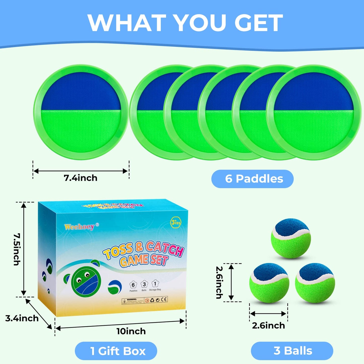 Kids Outdoor Games, Toss and Catch Ball Set, 6 Paddles 3 Balls Gift Box