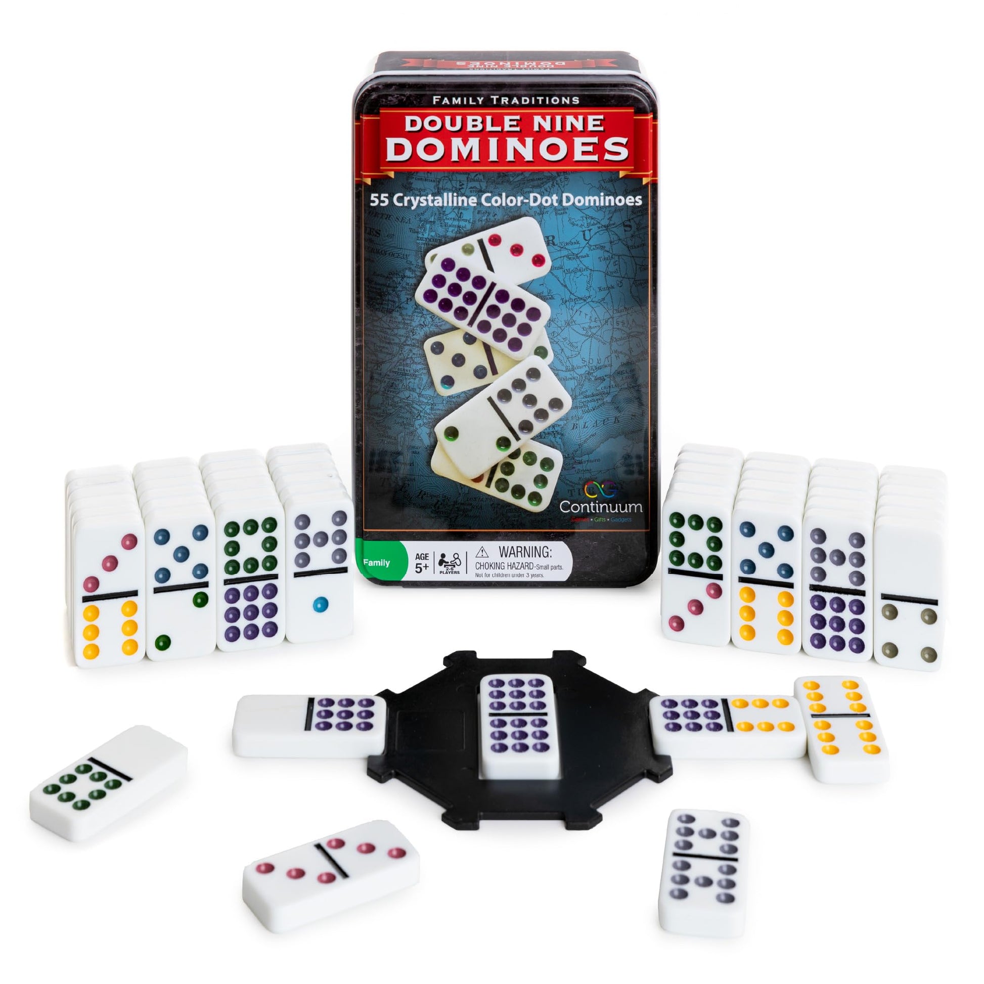 Continuum Games Family Traditions Double 9 Dominoes - 55 Piece Set in Storage Tin, Crystalline Dominoes for Kids and Adults, Classic Game Night
