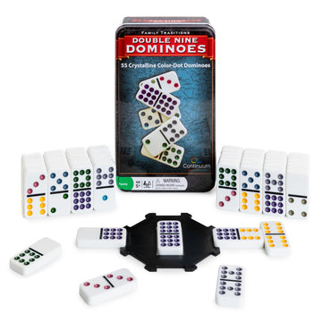 Continuum Games Family Traditions Double 9 Dominoes - 55 Piece Set in Storage Tin, Crystalline Dominoes for Kids and Adults, Classic Game Night