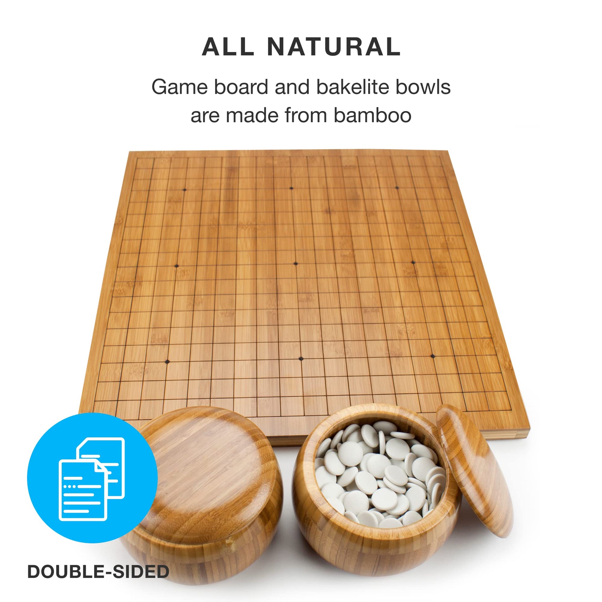 Brybelly Go Set All Natural Bamboo Wood Go Board | Bowls and 361 Bakelite Stones | 2-Player - Classic Chinese Strategy Board Game | Measures 19 x 19in