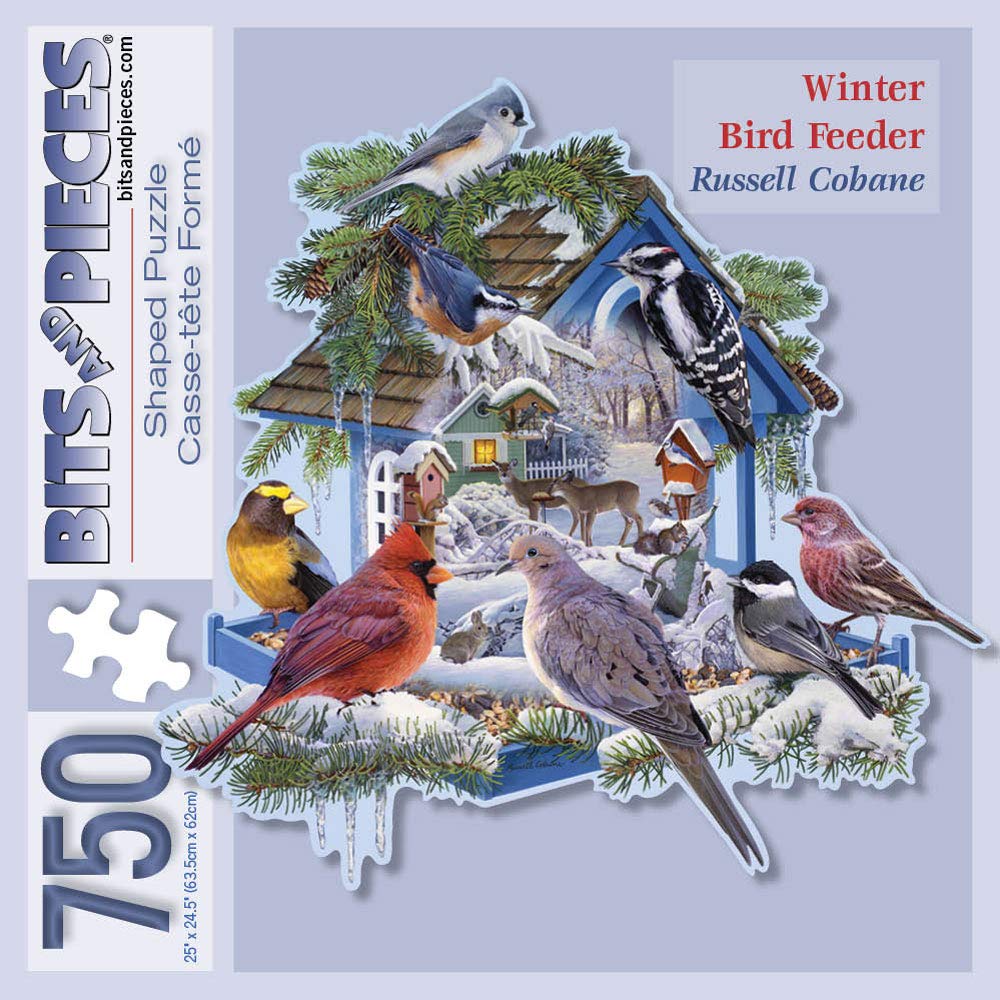 Bits and Pieces - 750 Piece Jigsaw Puzzle for Adults - Winter Bird Feeder - Snowy Birdhouse Jigsaw Puzzle by Artist Russel Cobane, Completed Puzzle