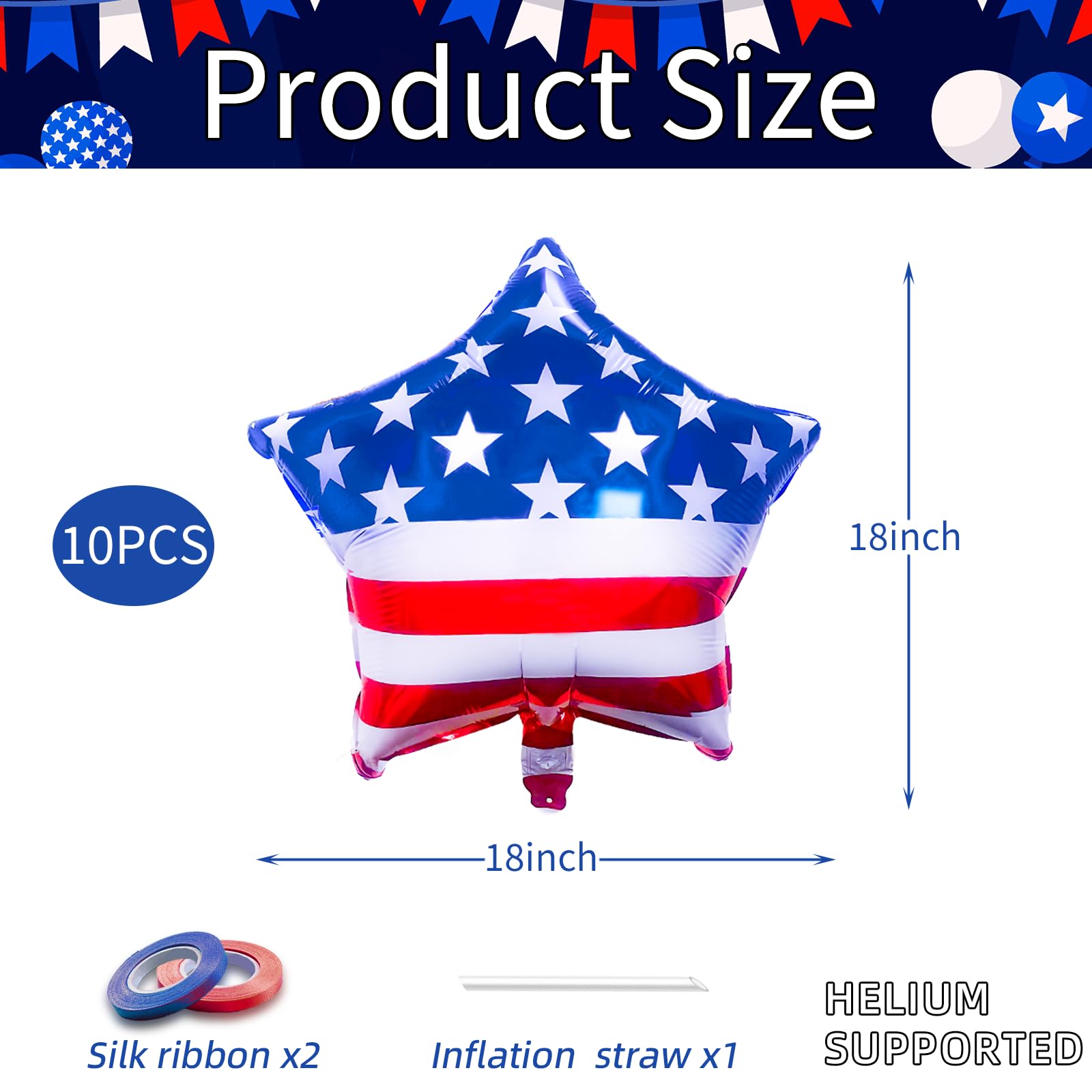 10 Pieces 18 Inches American Flag Star Foil Balloons, Patriotic Red, White, and Blue Mylar Star Shaped Balloons for 4th of July, Independence Day