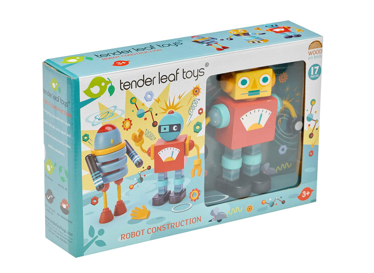 Tender Leaf Toys - Robot Construction - 17 Pieces Wooden Construction Set to Build and Stack 3 Robot in Endless Variations - Develops Problem Solving