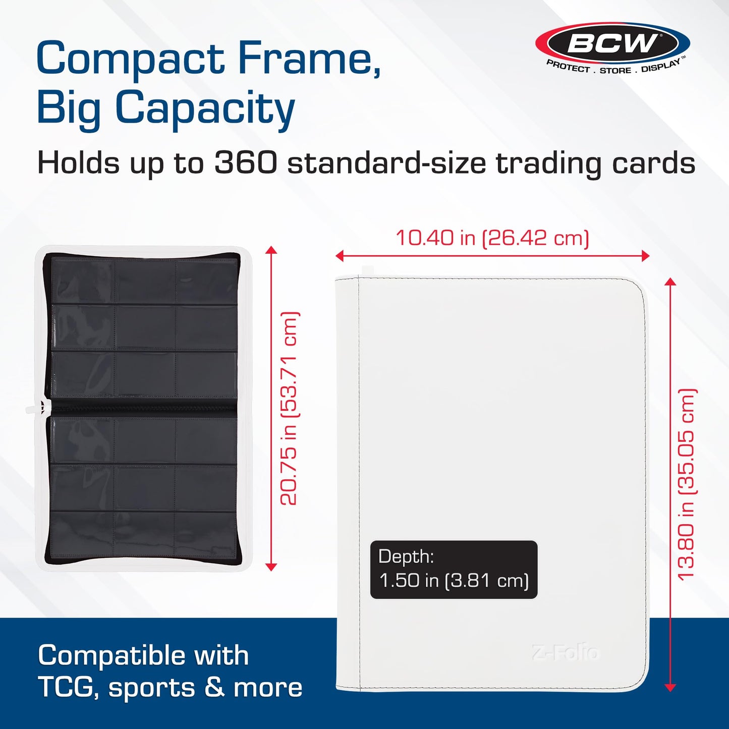 BCW Z-Folio 9-Pocket LX Album - White | Secure Zipper Card Organizer | Premium Leatherette Card Collection Binder | Trading Card Binder for Pokemon