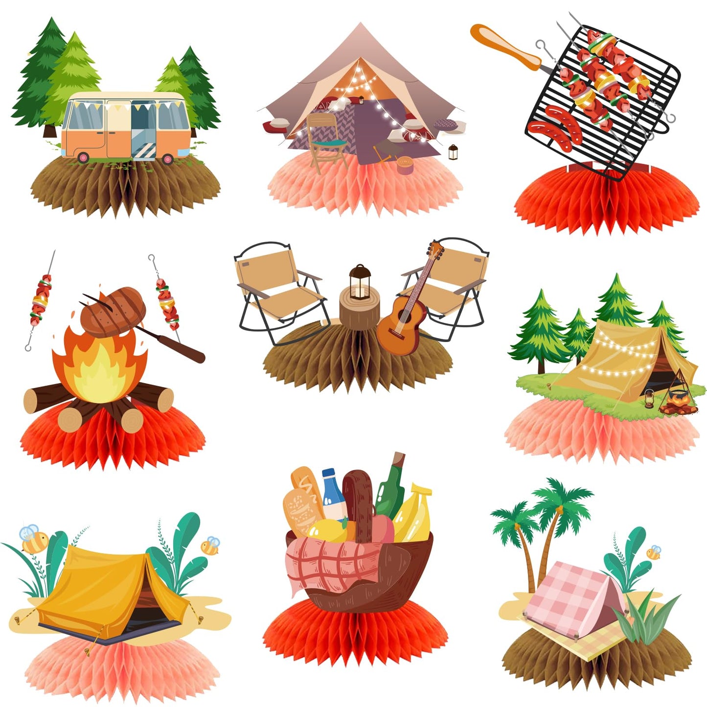 PRATYUS Camping Birthday Decorations, 9 Pcs Camping Party Honeycomb Centerpieces Table Topper Decors for Kids Boys Girls Adventure Theme Baby Shower
