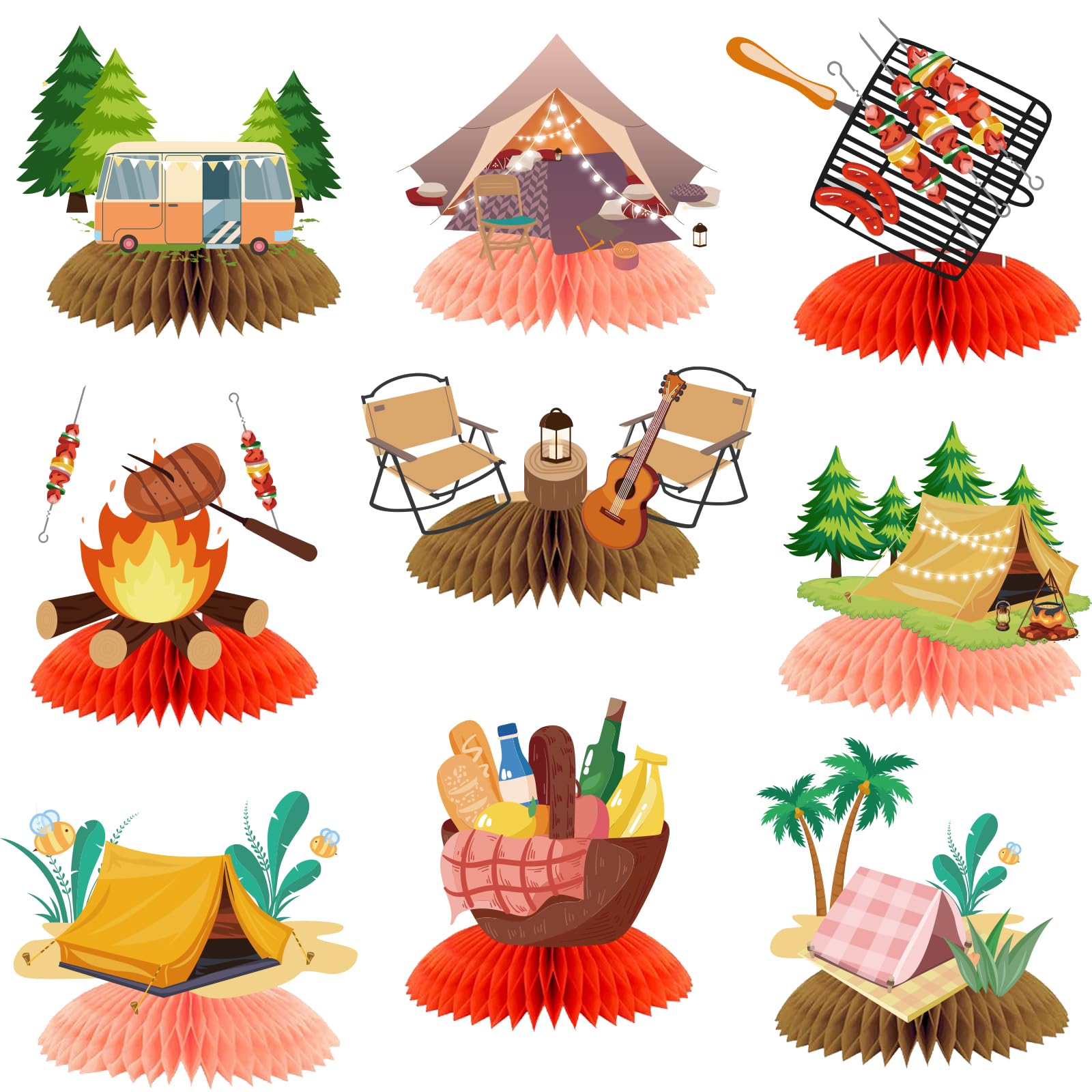 PRATYUS Camping Birthday Decorations, 9 Pcs Camping Party Honeycomb Centerpieces Table Topper Decors for Kids Boys Girls Adventure Theme Baby Shower