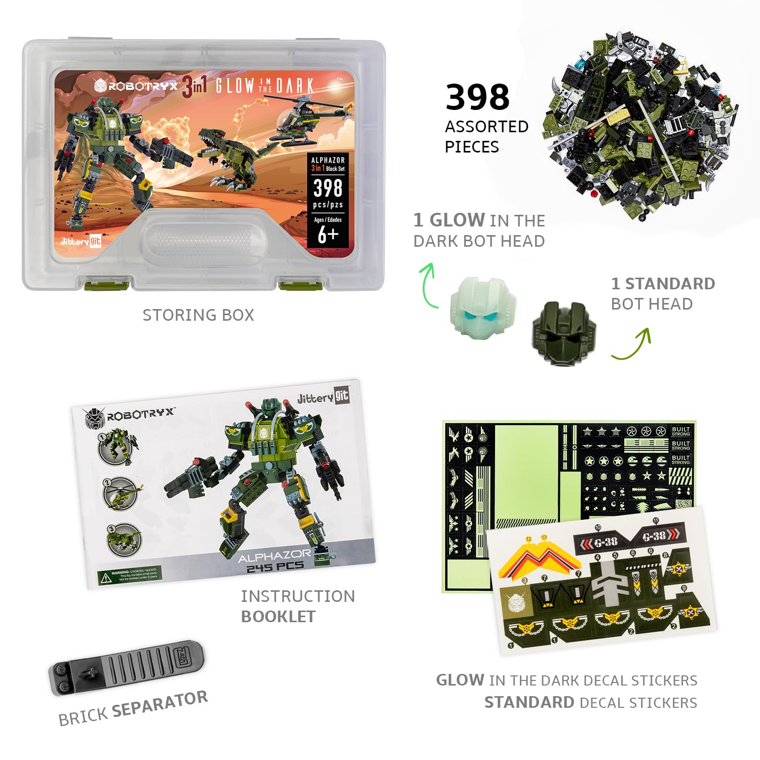 JITTERYGIT Robot Army Buildable Mech Soldier Glow in The Dark Gift Toy Set, Helicopter Military Creative STEM Project, Dinosaur Building Bricks Kit